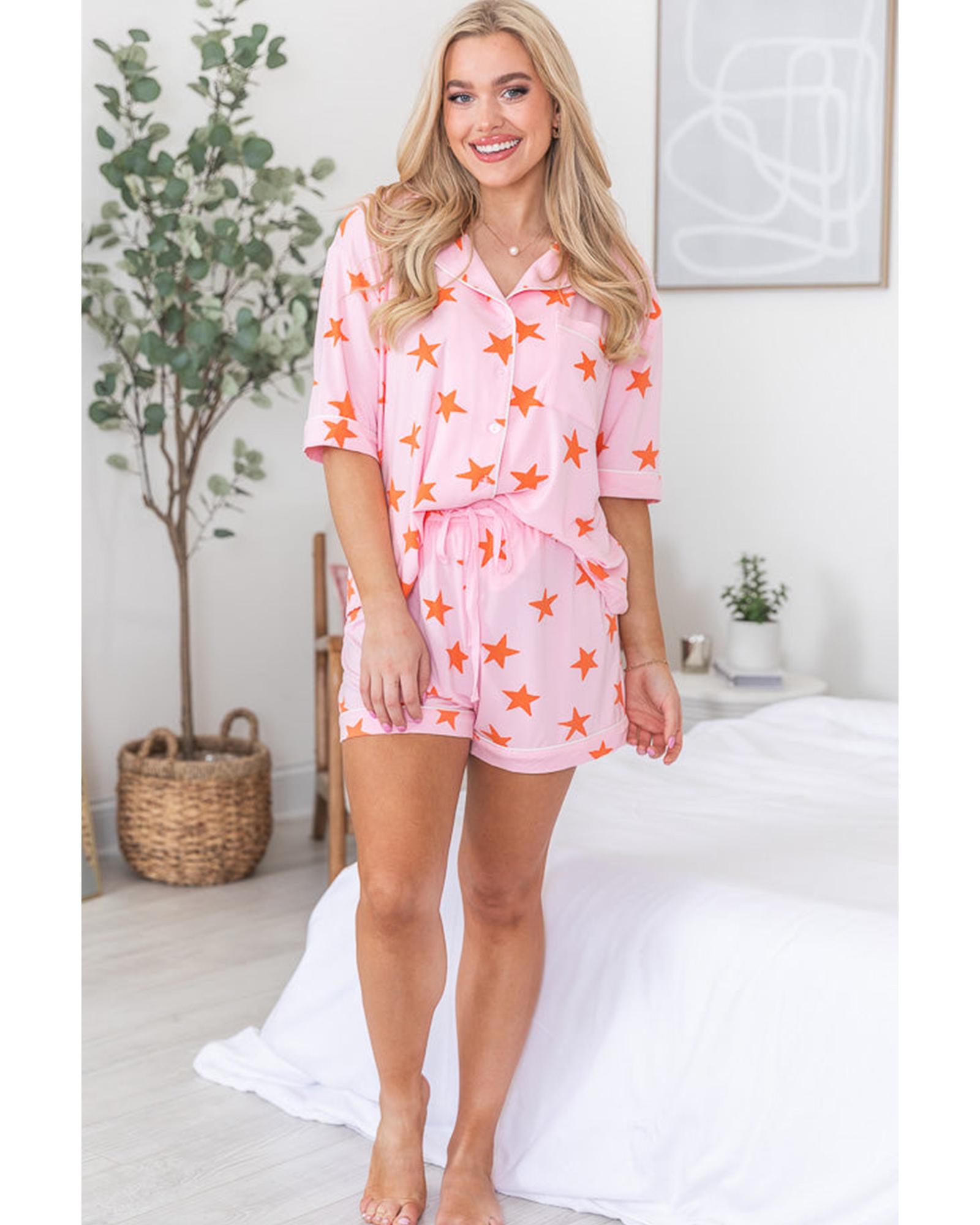 Pink Stars Short Sleeve Shirt and Shorts Bamboo Pajama Set - M