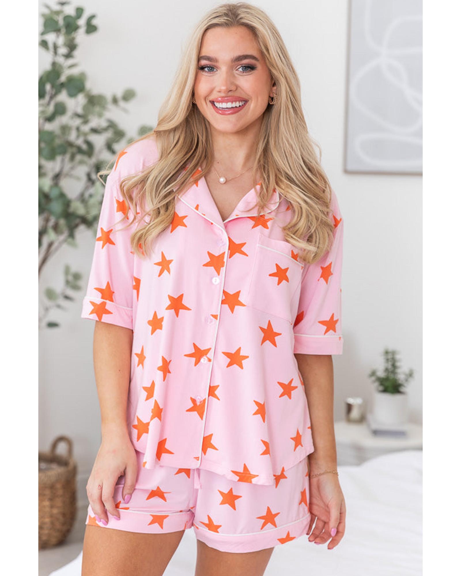 Pink Stars Short Sleeve Shirt and Shorts Bamboo Pajama Set - M