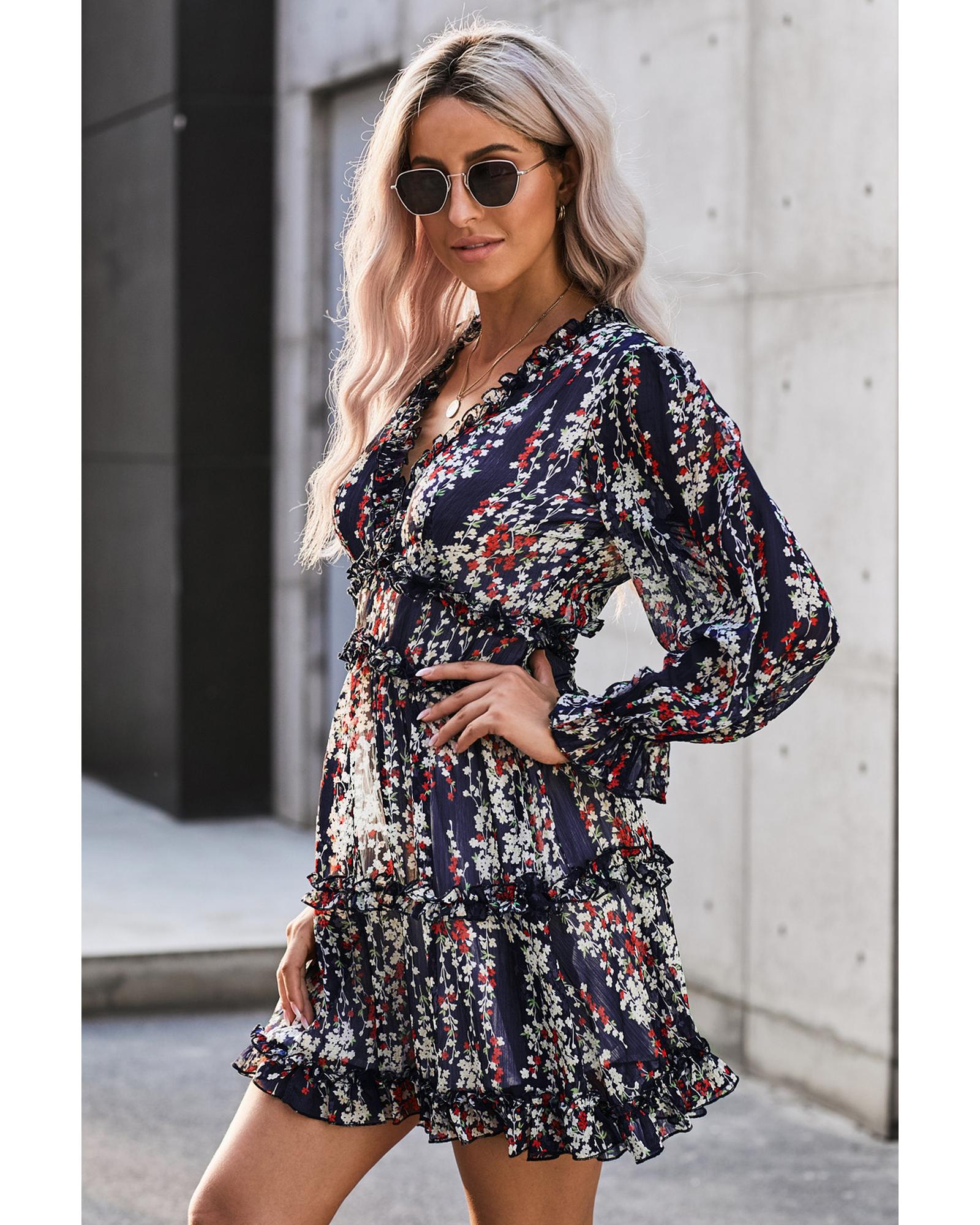 Blue Ruffle Detailing Open Back Floral Dress - M