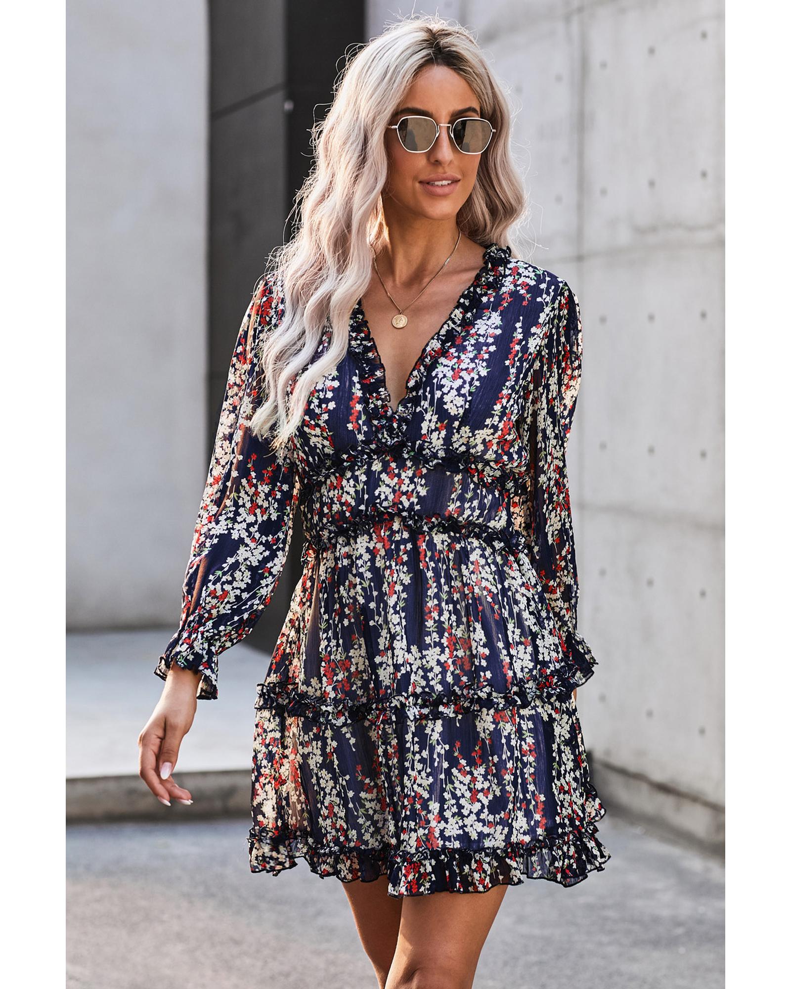 Blue Ruffle Detailing Open Back Floral Dress - M