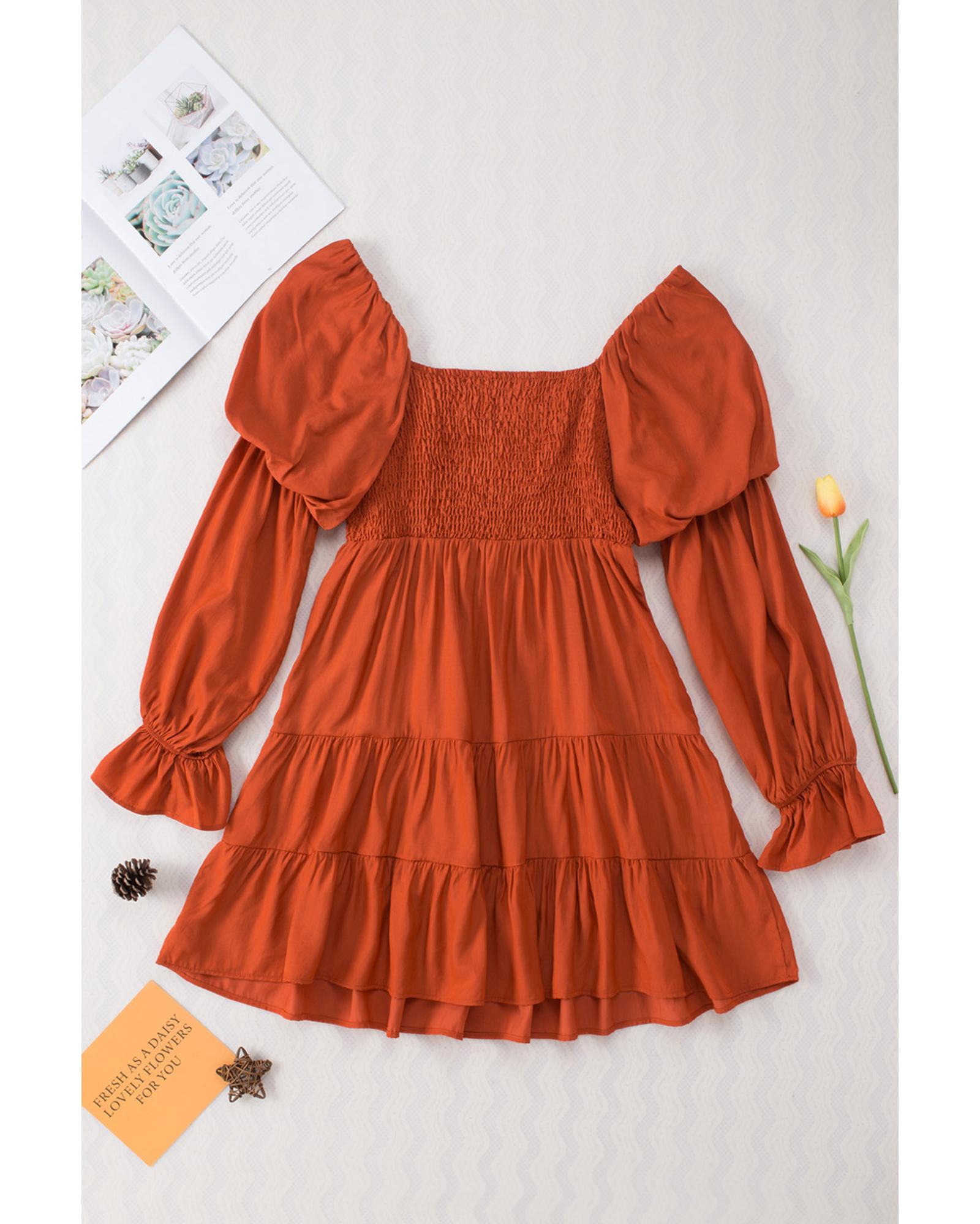 Brown Boho Solid Shirred Ruffle Mini Dress - L