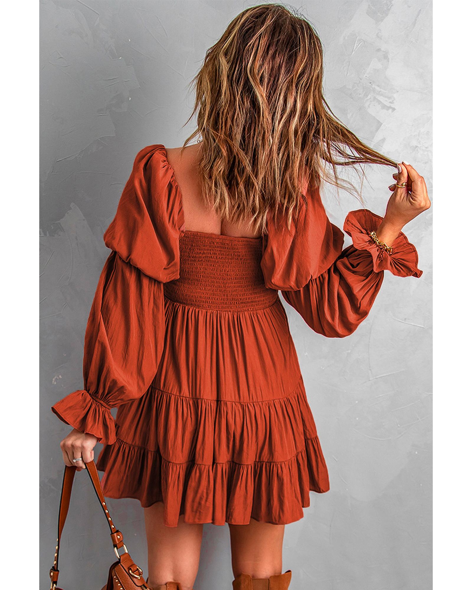 Brown Boho Solid Shirred Ruffle Mini Dress - L
