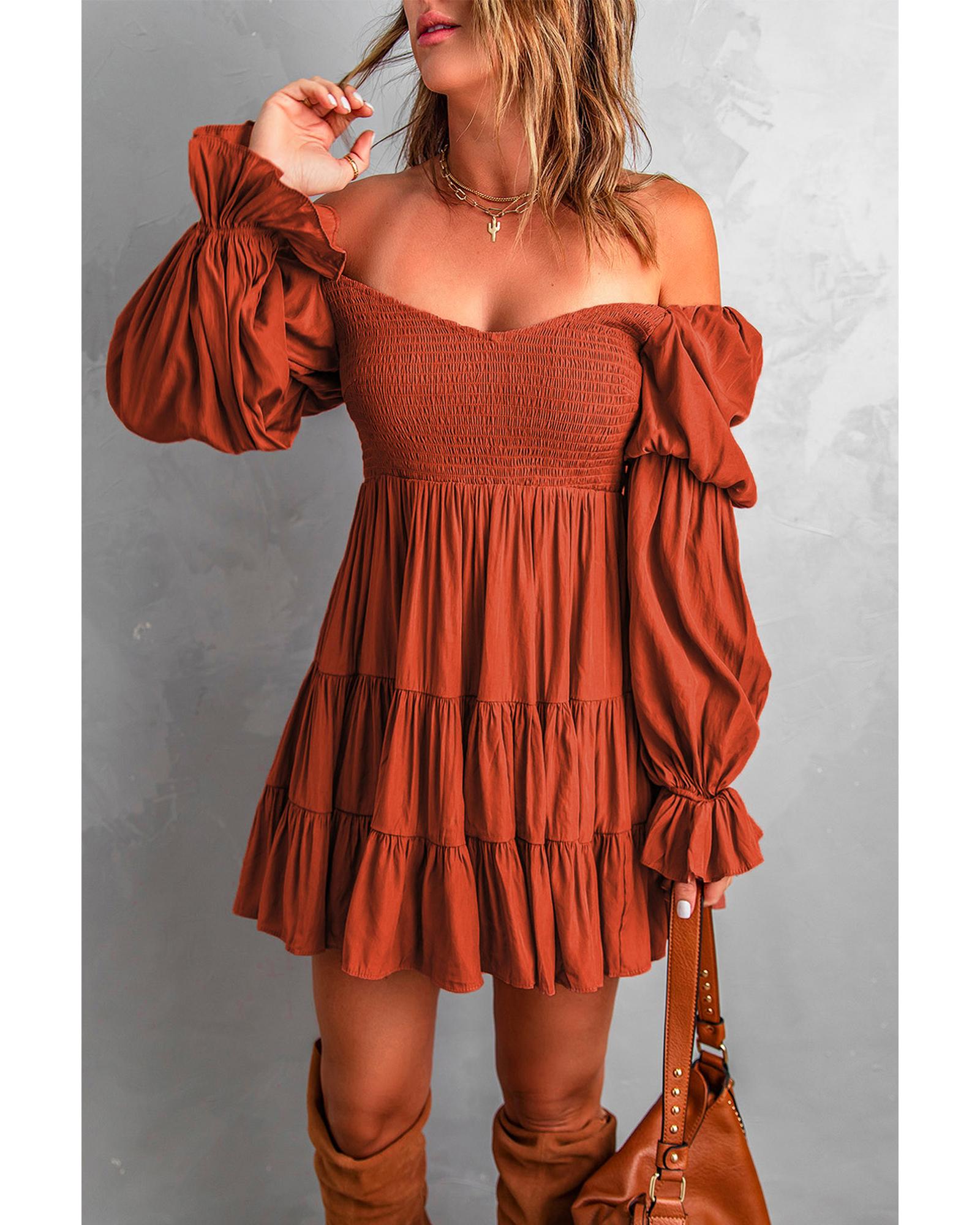 Brown Boho Solid Shirred Ruffle Mini Dress - L