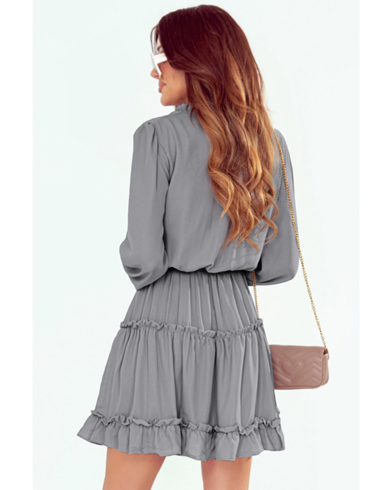 Gray V Neck Long Sleeve Ruffle Tiered Mini Dress - M