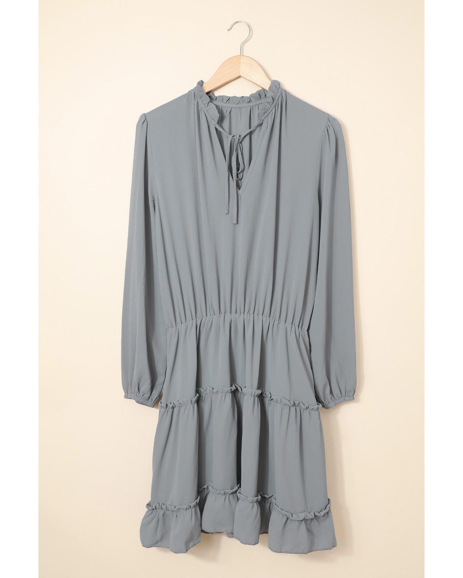 Gray V Neck Long Sleeve Ruffle Tiered Mini Dress - S