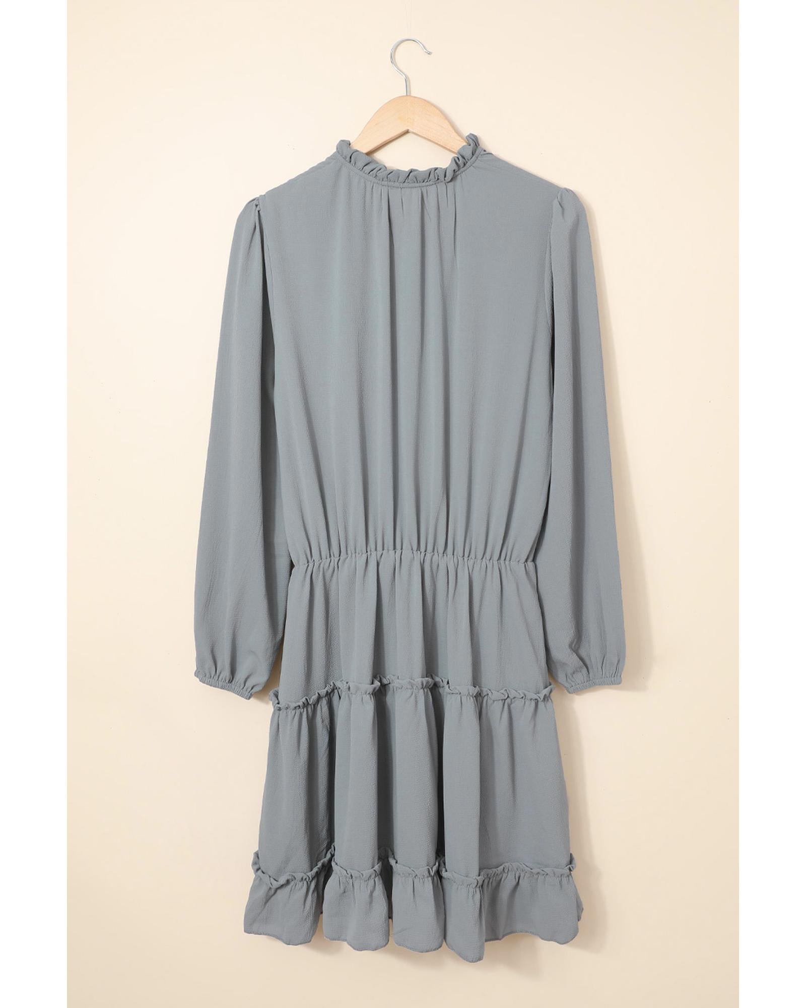 Gray V Neck Long Sleeve Ruffle Tiered Mini Dress - S