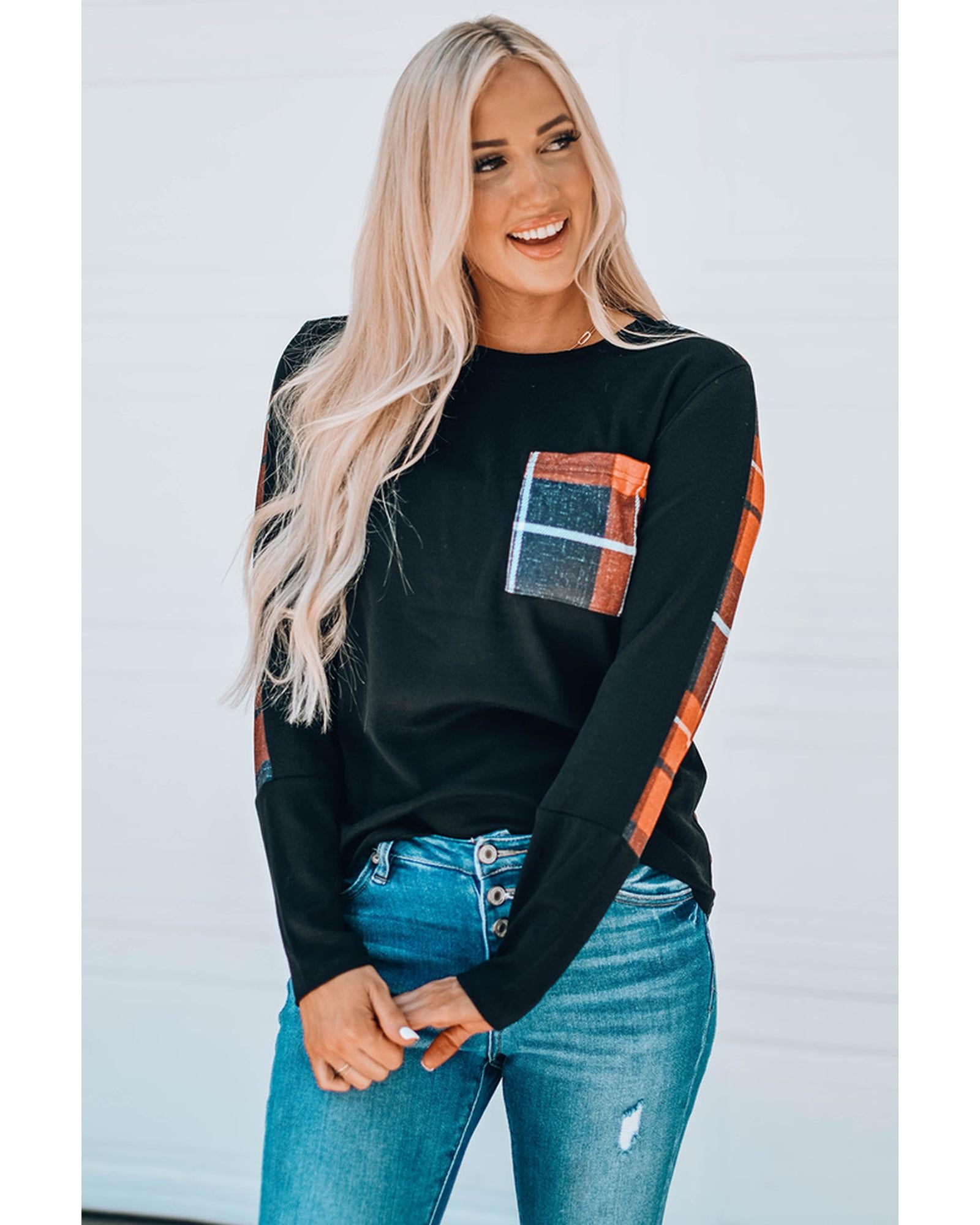 Azura Exchange Patchwork Plaid Long Sleeve Top - M
