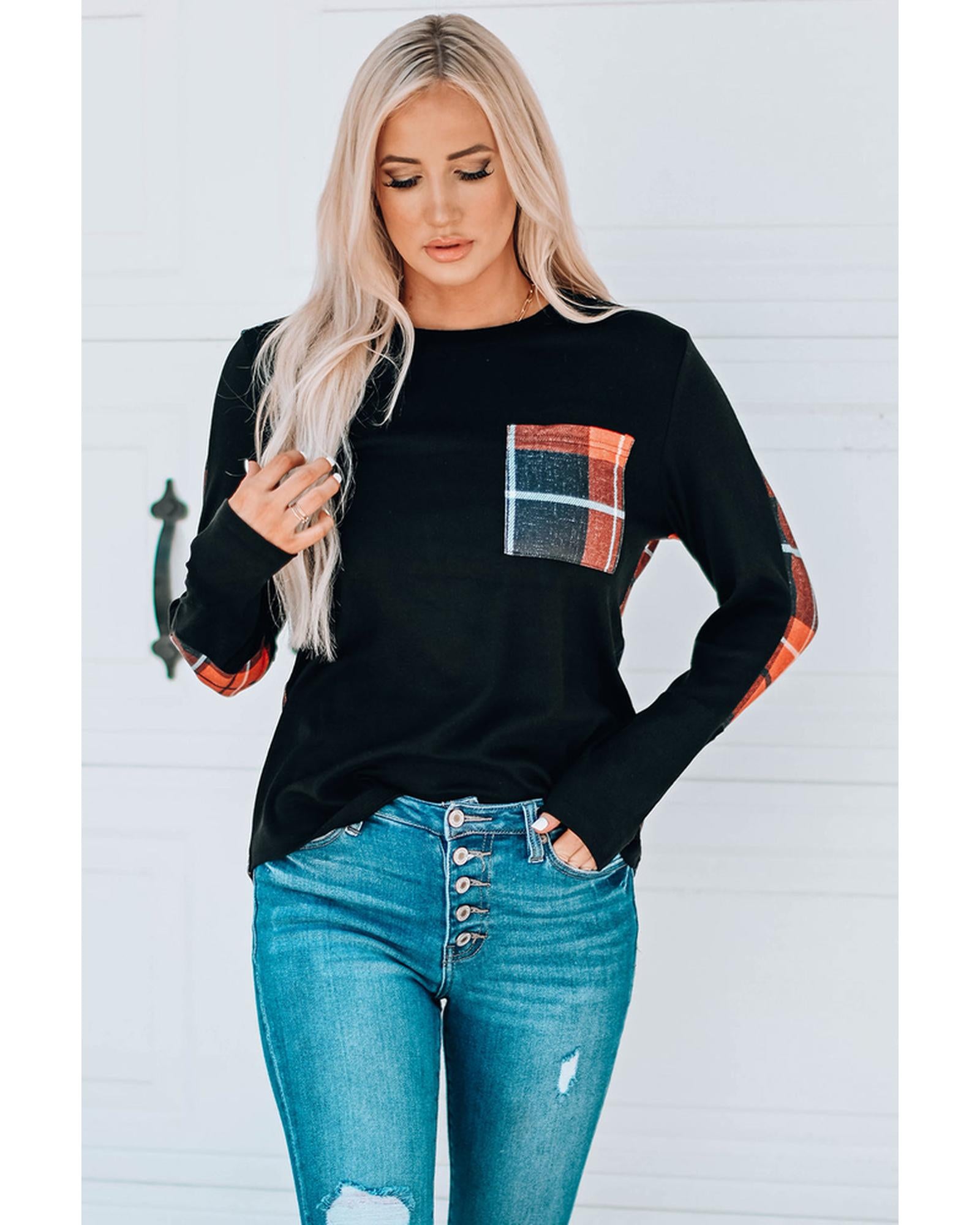 Azura Exchange Patchwork Plaid Long Sleeve Top - M