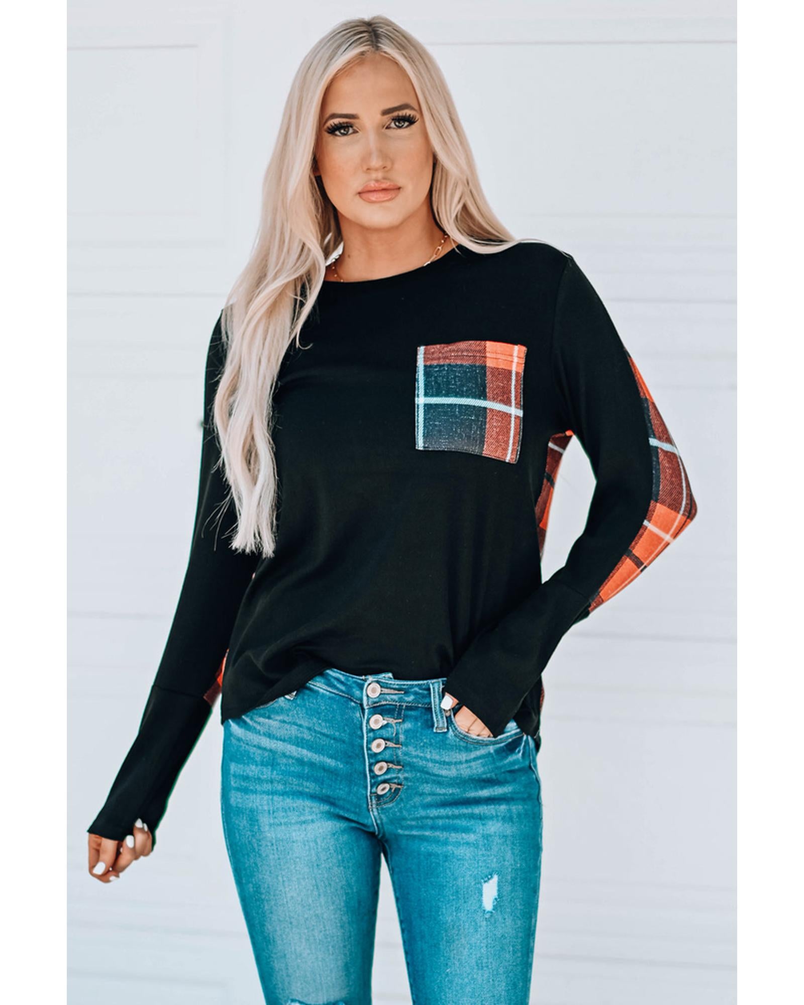 Azura Exchange Patchwork Plaid Long Sleeve Top - M