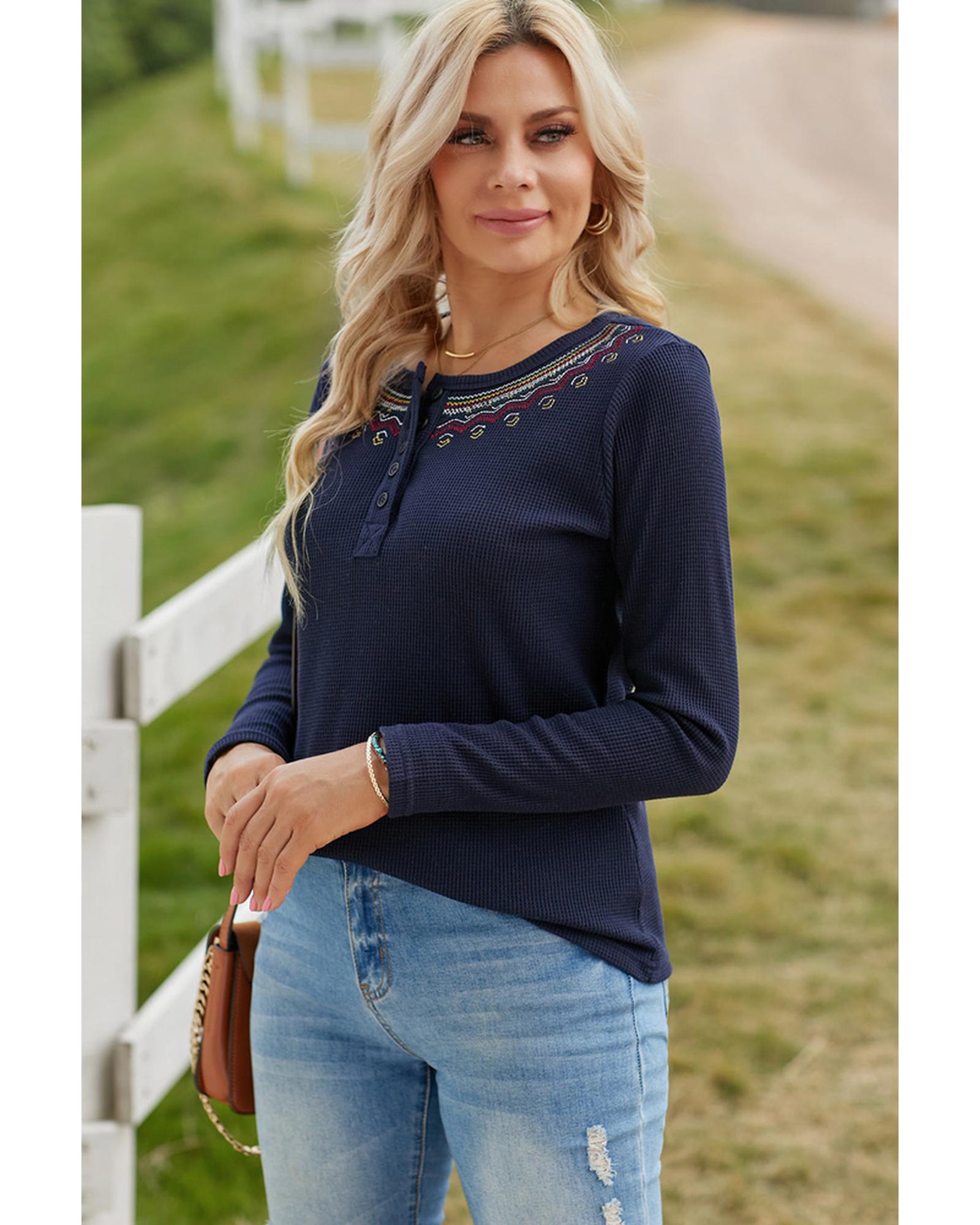 Azura Exchange Embroidered Navy Blue Waffle Top - L