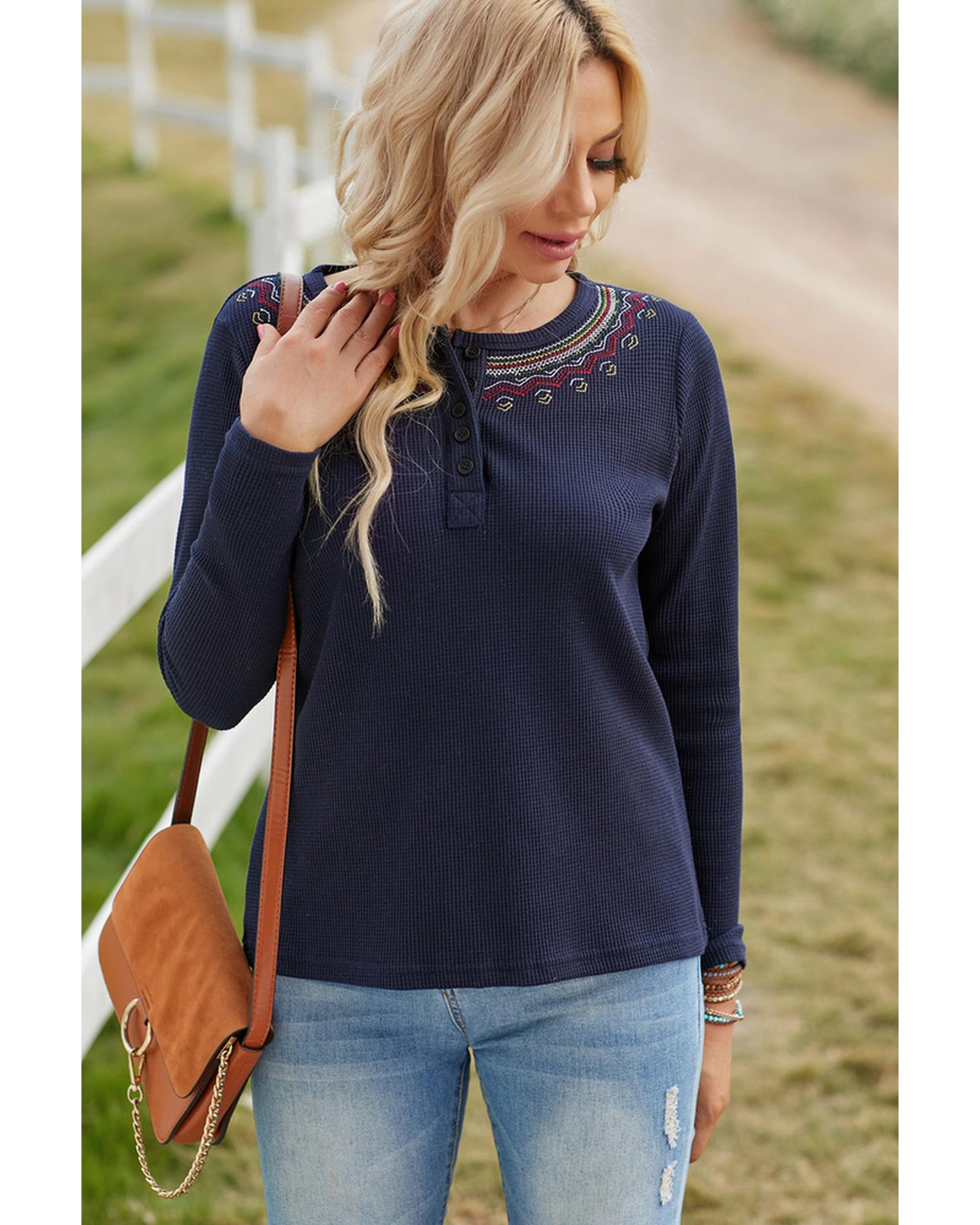 Azura Exchange Embroidered Navy Blue Waffle Top - L