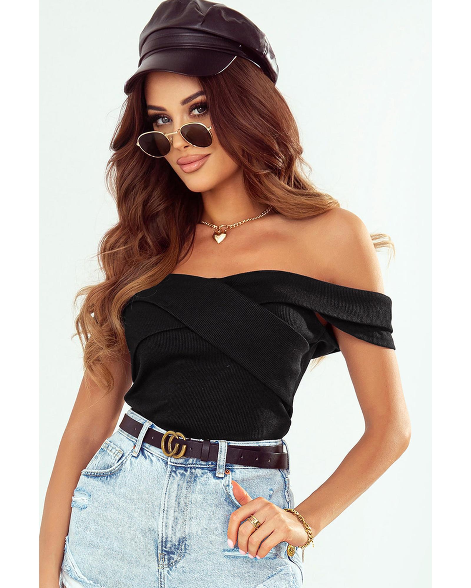 Azura Exchange Criss Cross Off Shoulder Ribbed Top - M