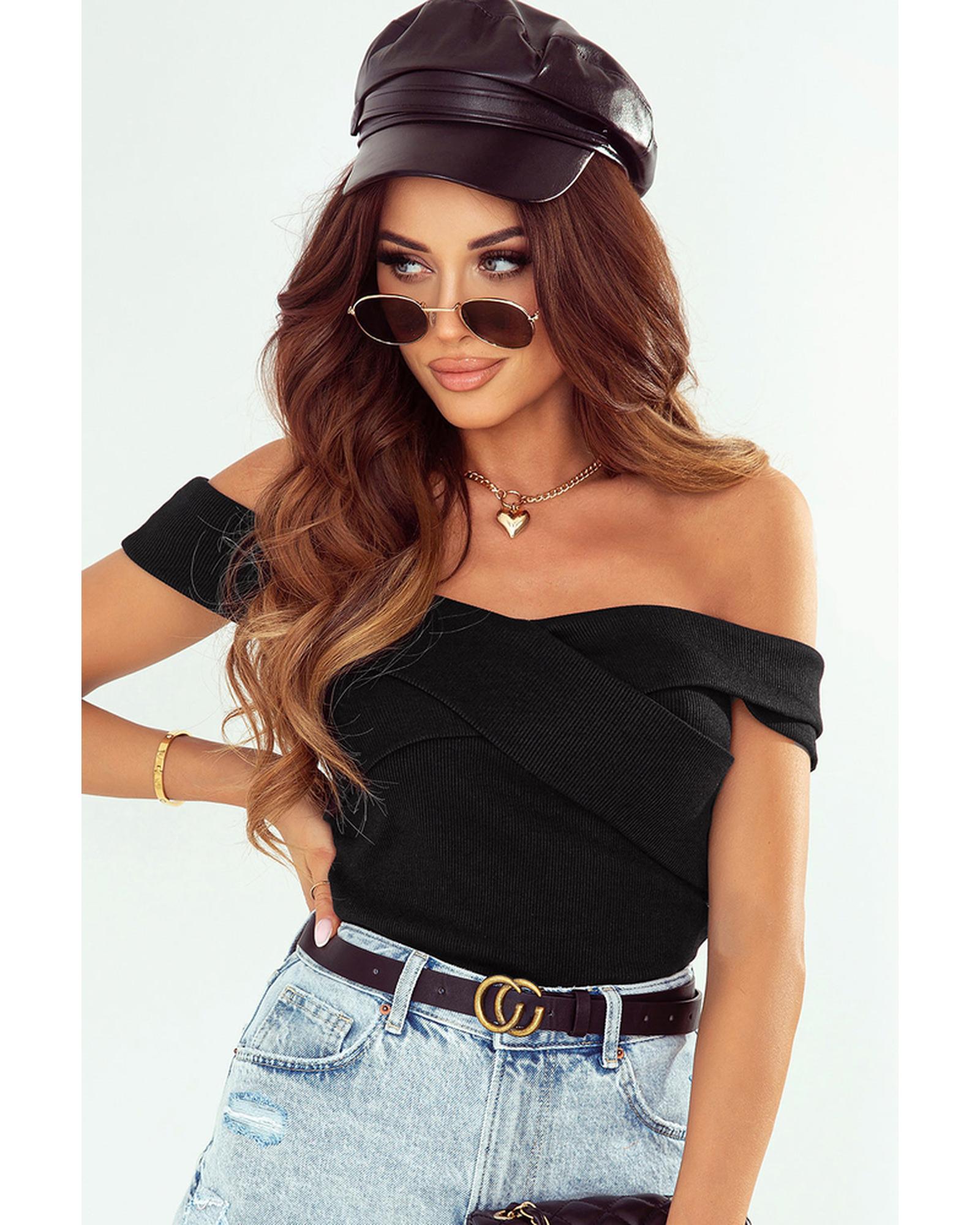 Azura Exchange Criss Cross Off Shoulder Ribbed Top - M