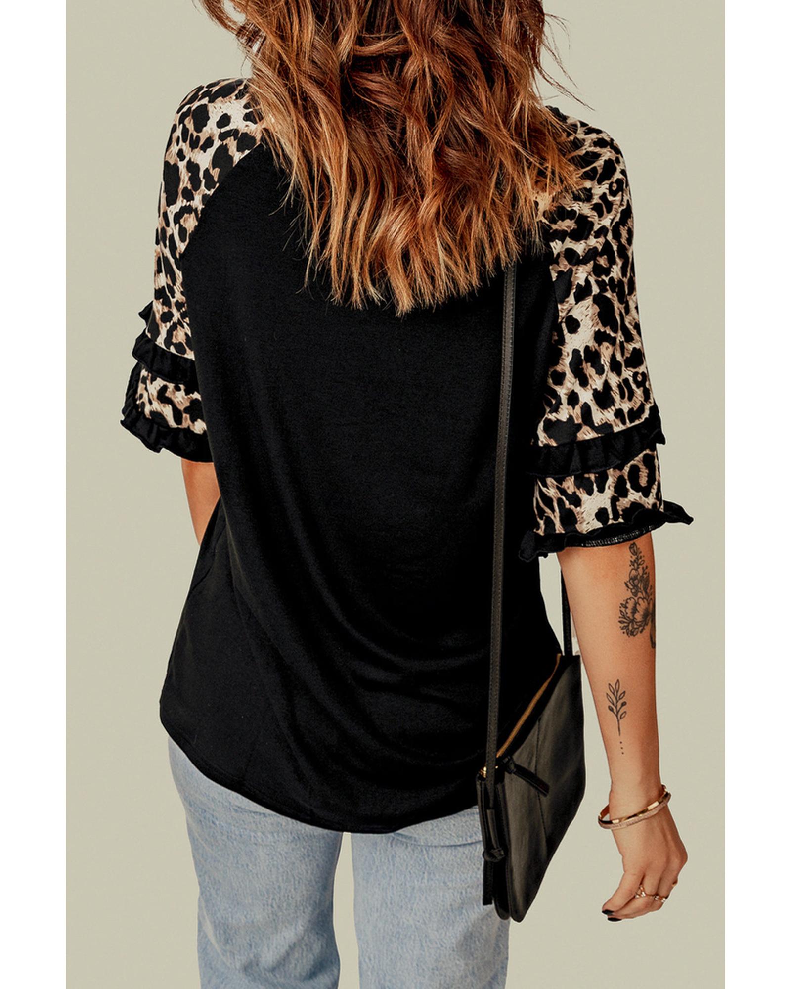 Azura Exchange Leopard Patchwork Ruffled Sleeve Top - S