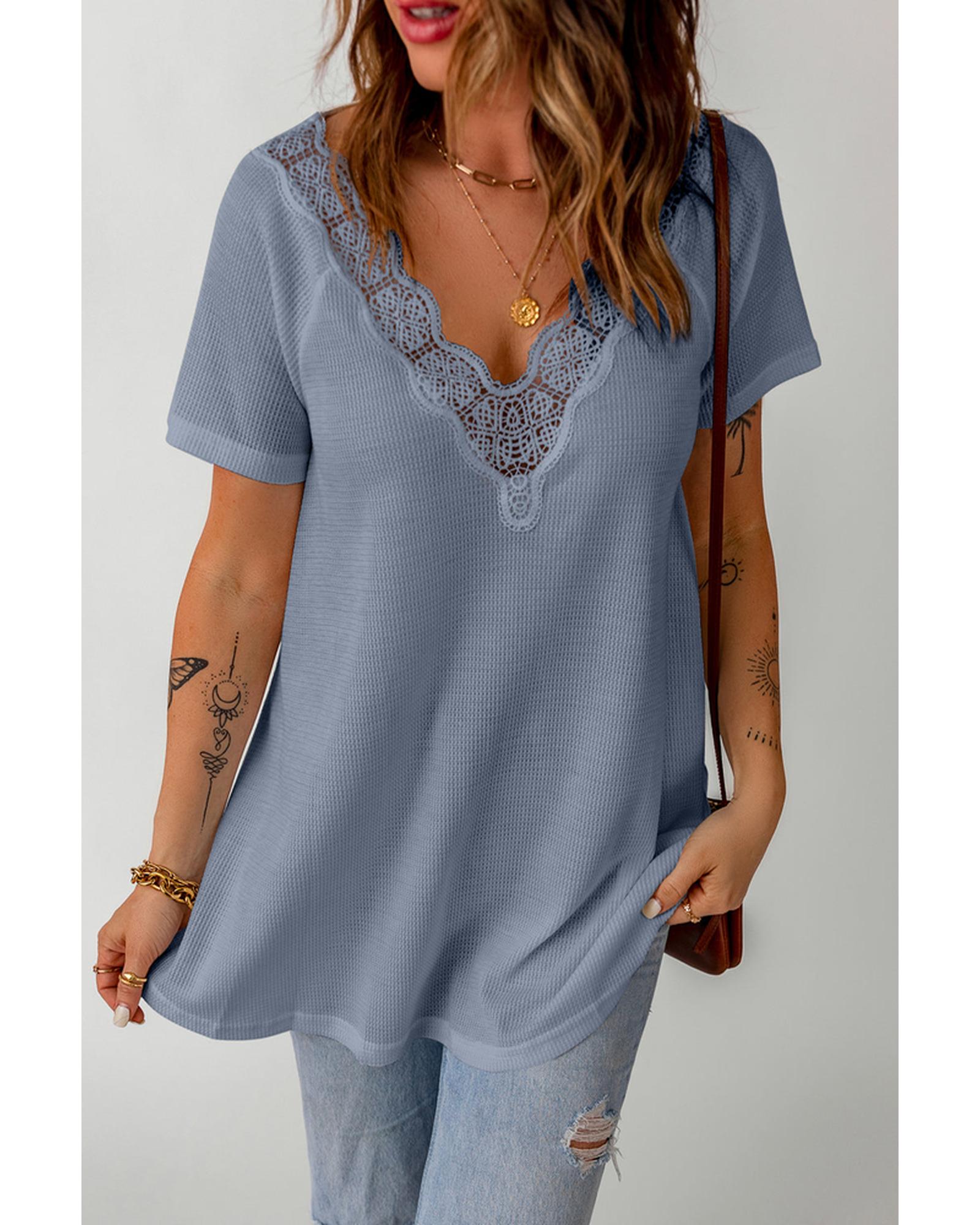 Azura Exchange Lace Crochet Waffle Knit Ruffled V Neck Top - L
