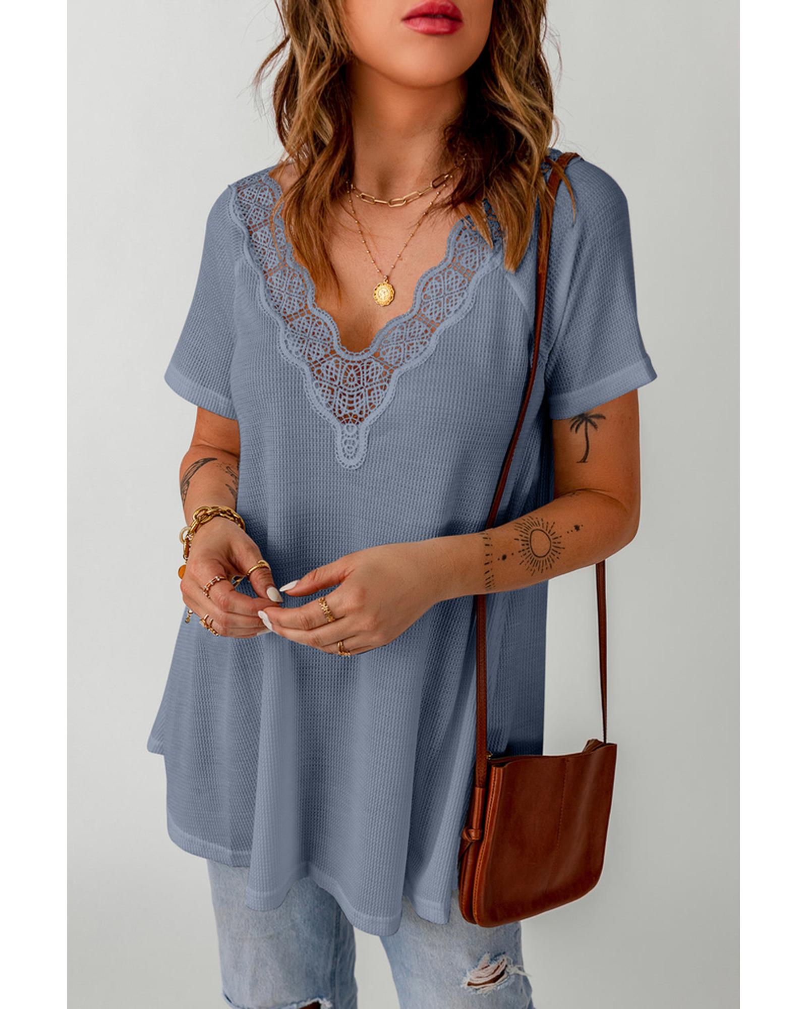 Azura Exchange Lace Crochet Waffle Knit Ruffled V Neck Top - L