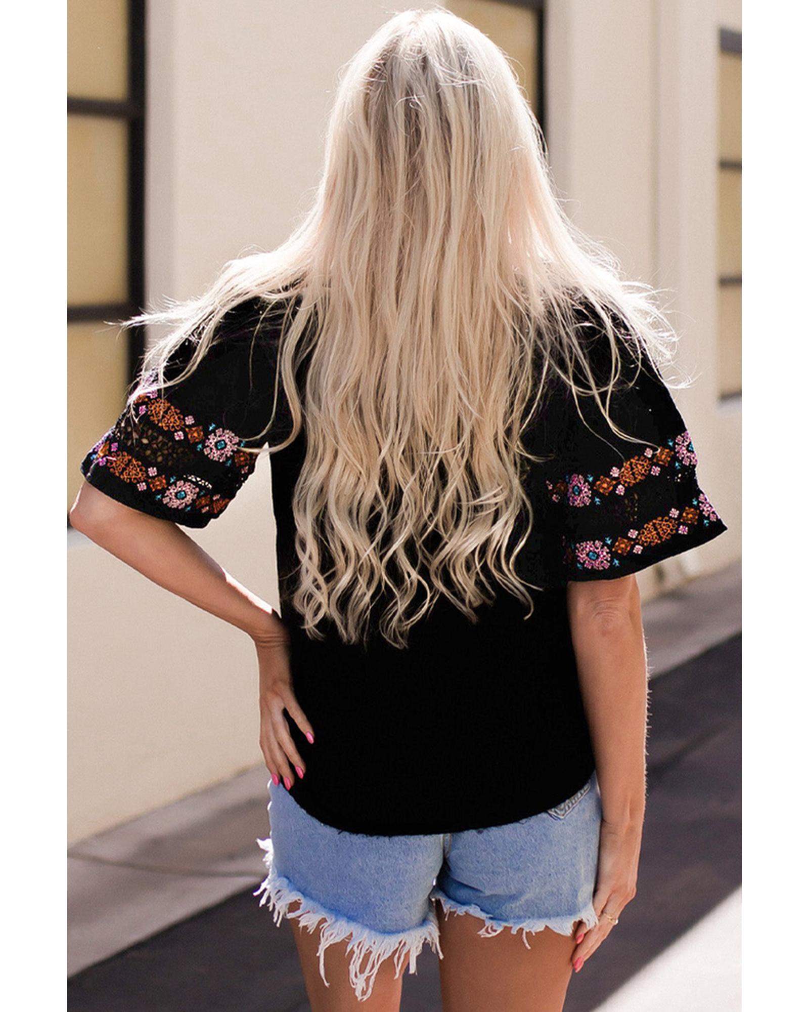 Azura Exchange Embroidered V Neck Top with Tassel Drawstring - S