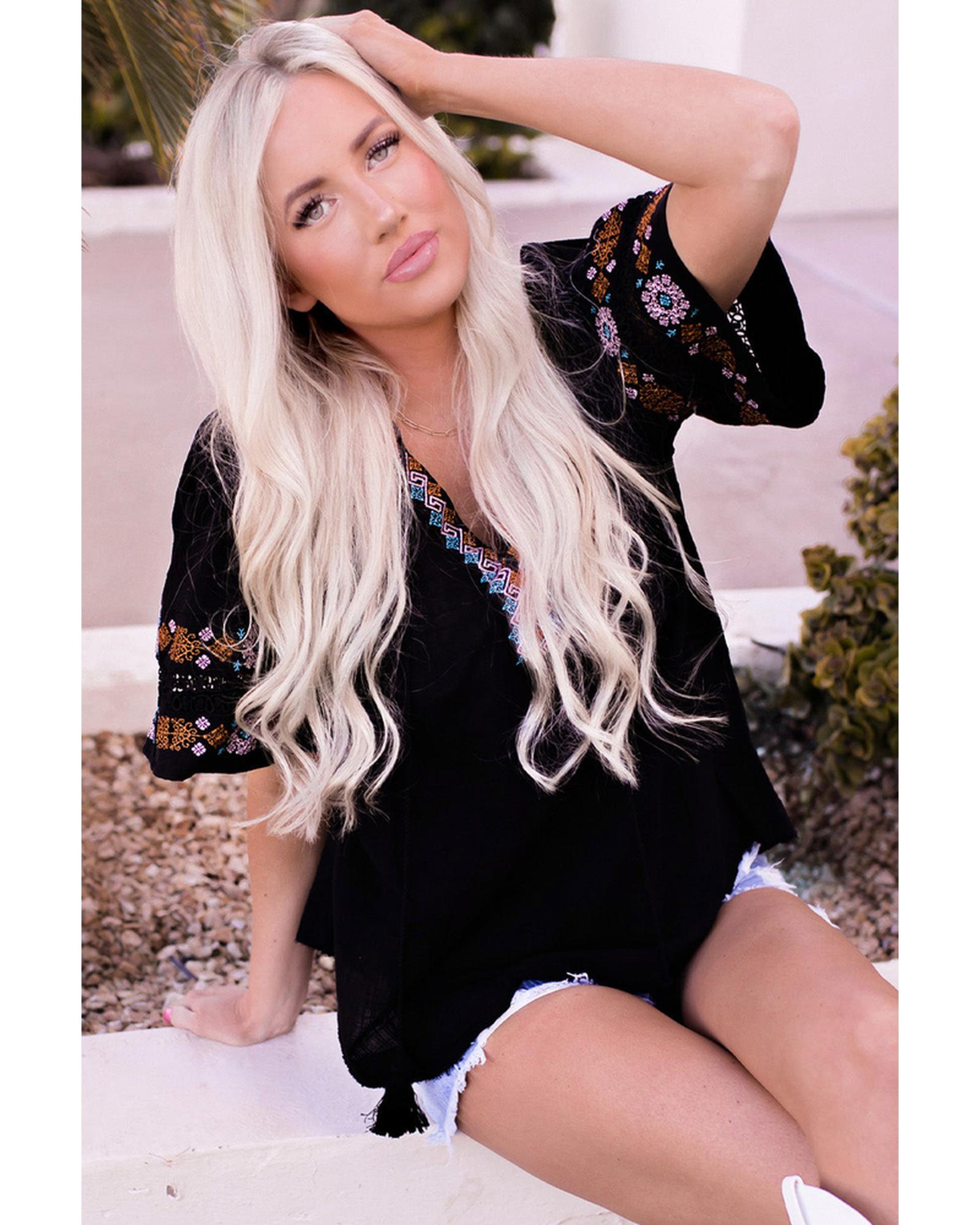 Azura Exchange Embroidered V Neck Top with Tassel Drawstring - S