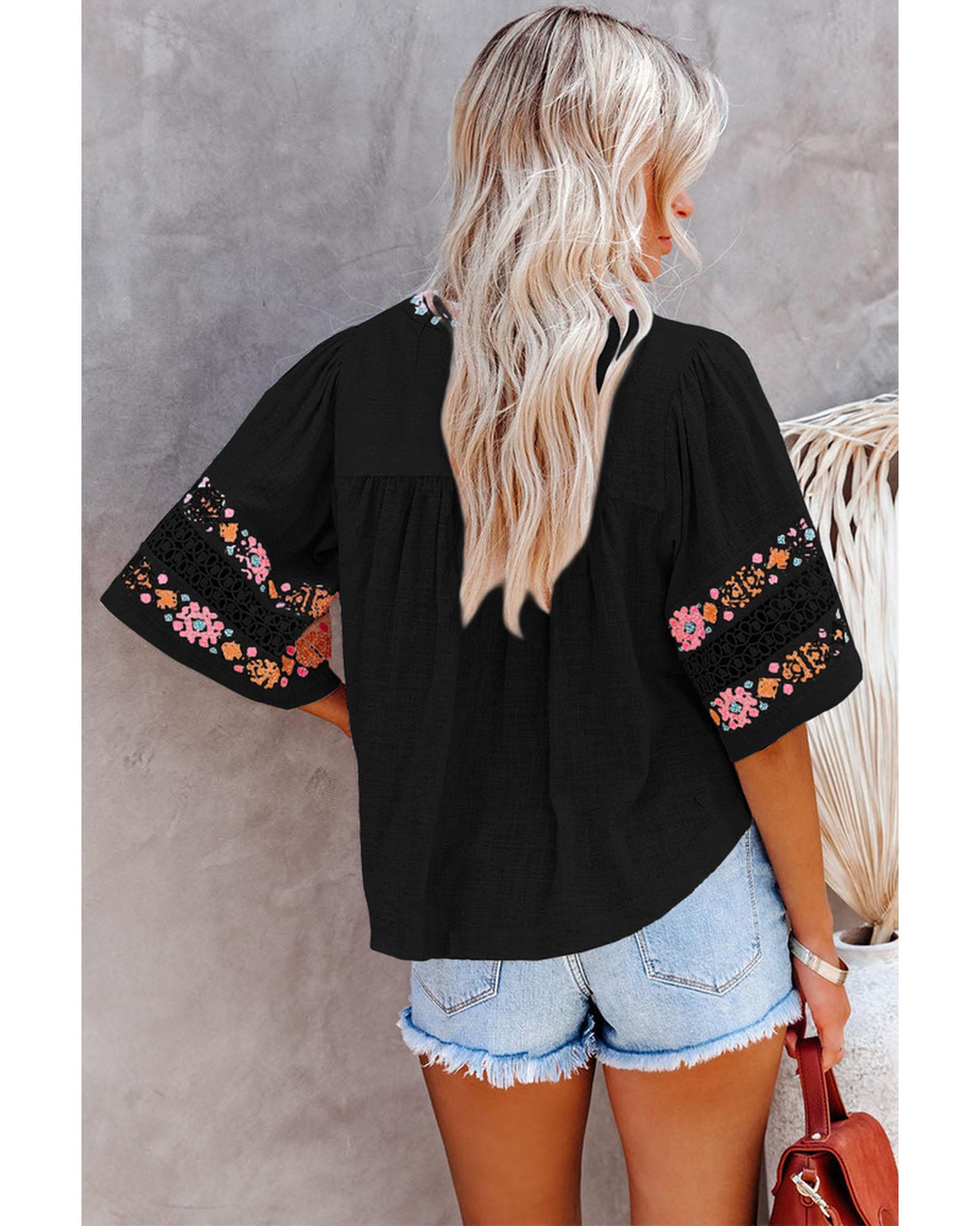 Azura Exchange Embroidered V Neck Top with Tassel Drawstring - S