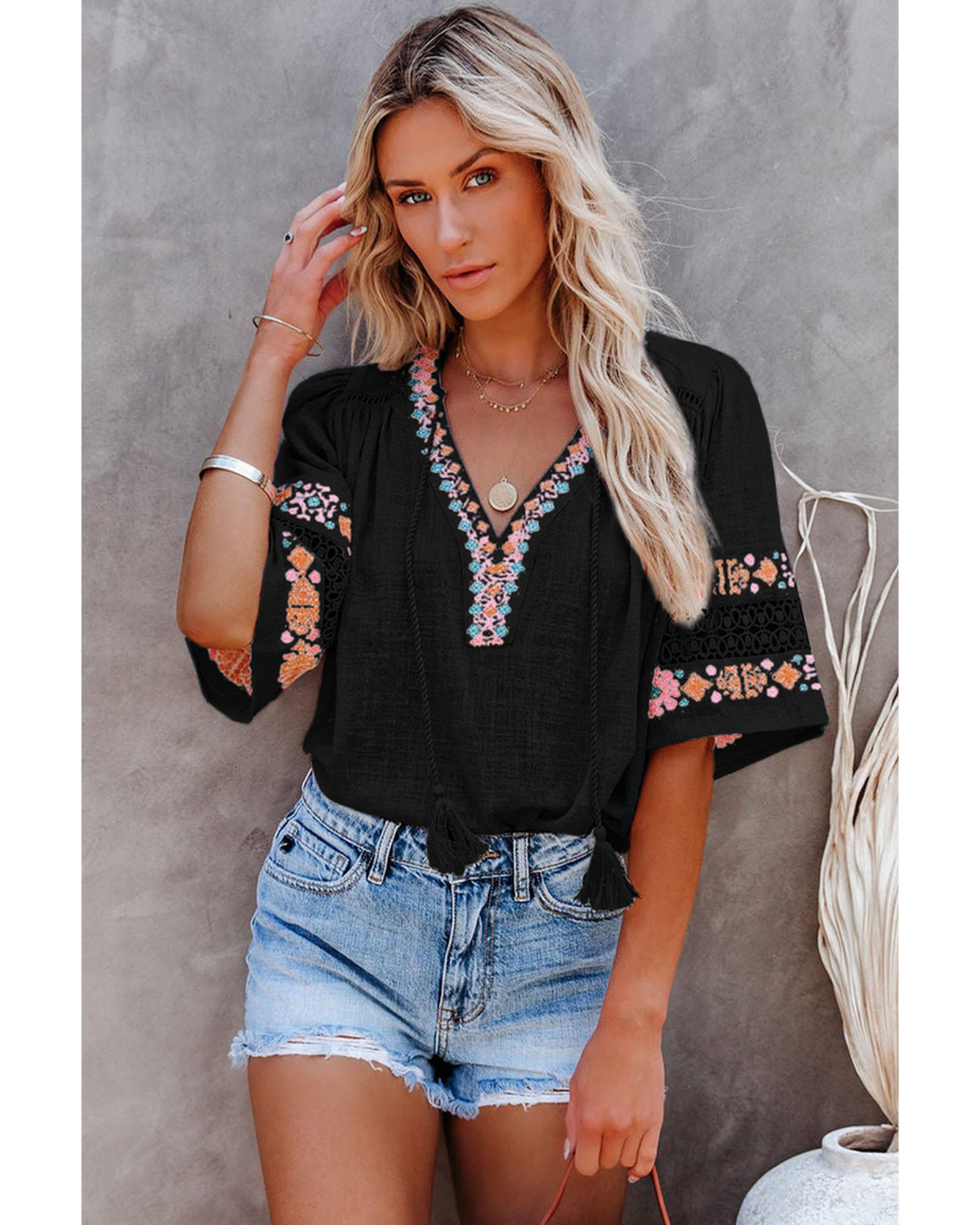 Azura Exchange Embroidered V Neck Top with Tassel Drawstring - S