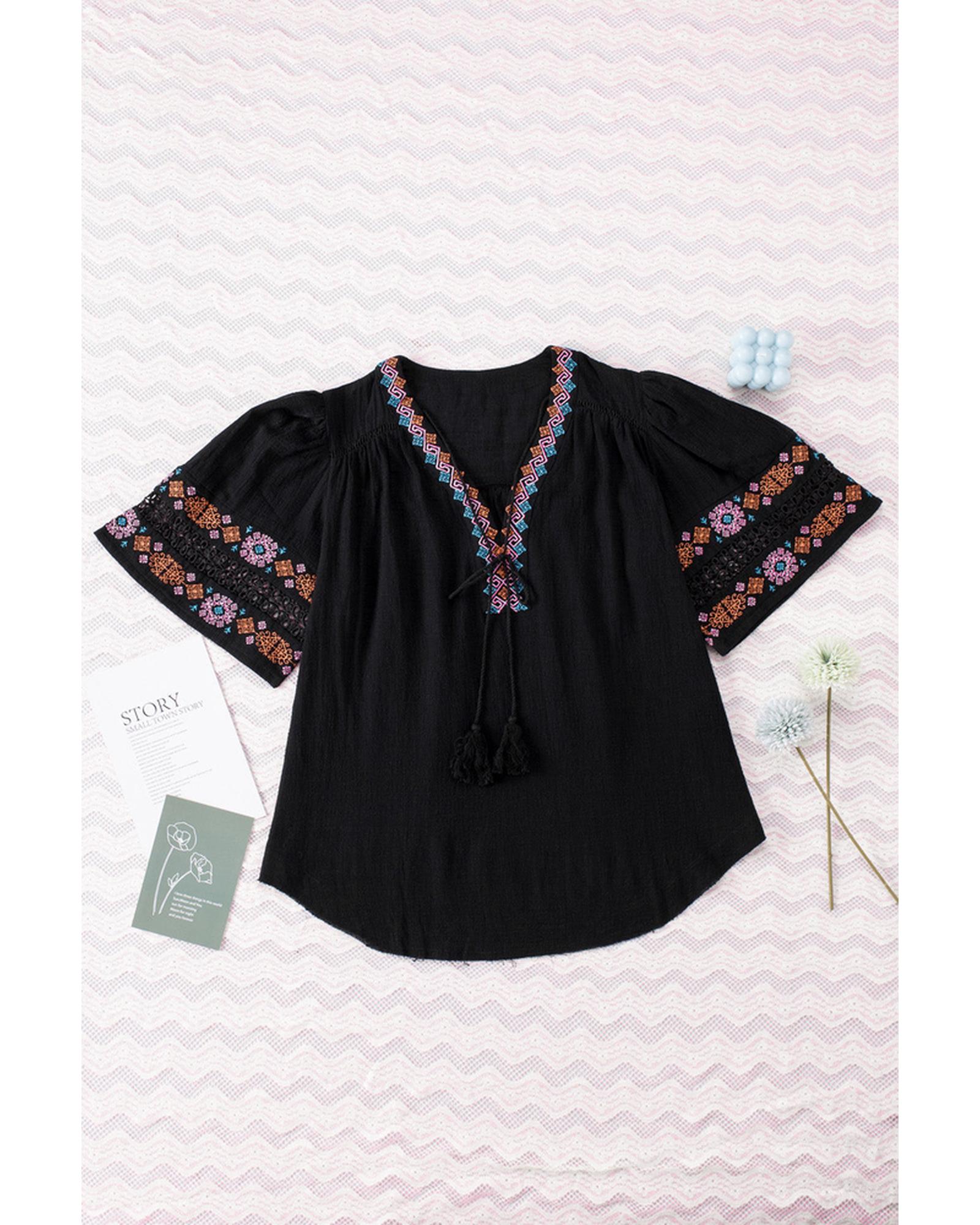 Azura Exchange Embroidered V Neck Top with Tassel Drawstring - S