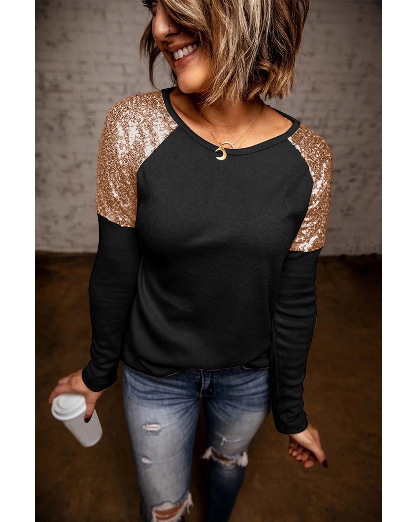 Azura Exchange Sequin Shoulder Long Sleeve Top - M