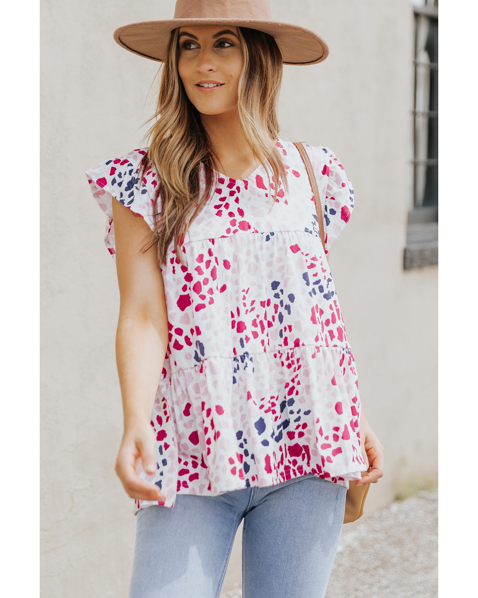 Spotted Print Ruffled V Neck Tank Top - S