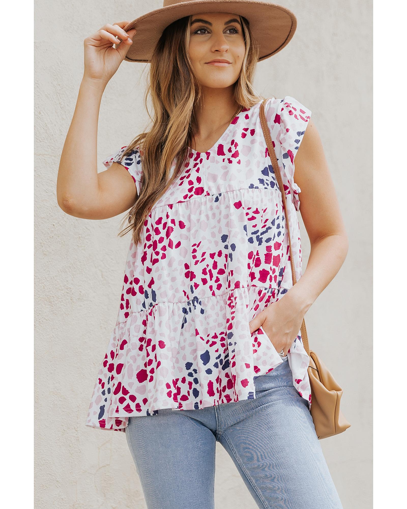 Spotted Print Ruffled V Neck Tank Top - S