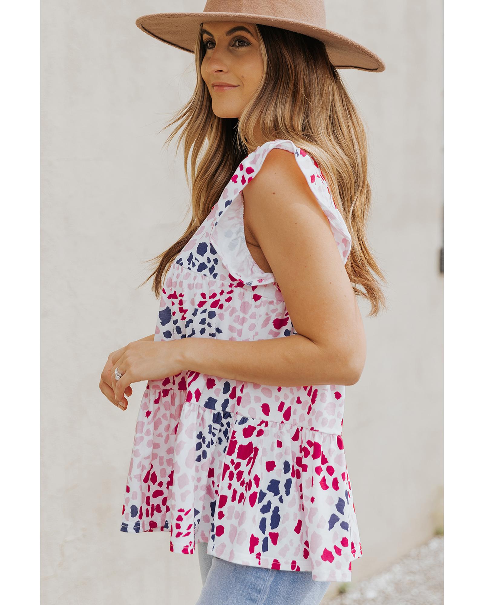 Spotted Print Ruffled V Neck Tank Top - S