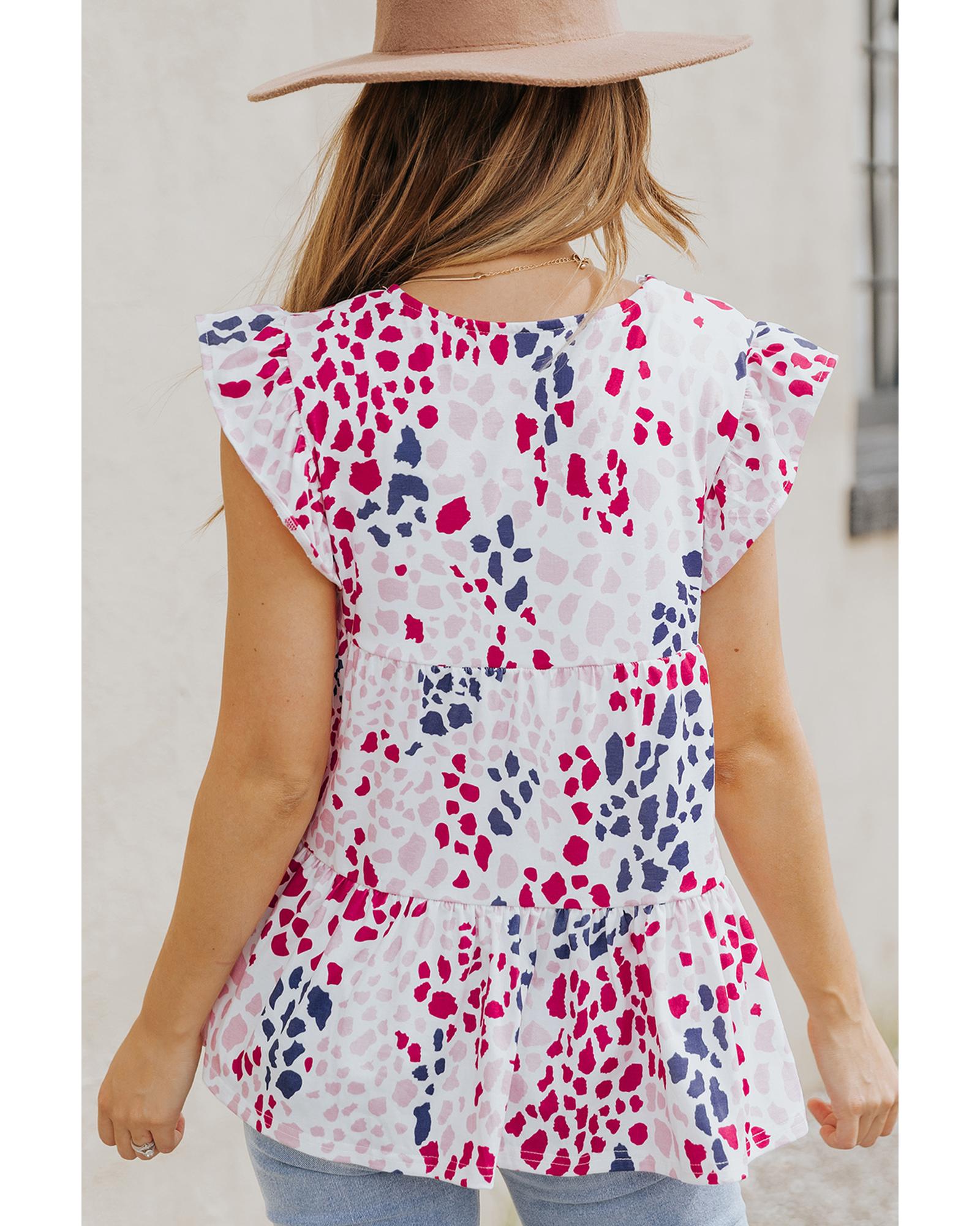 Spotted Print Ruffled V Neck Tank Top - S