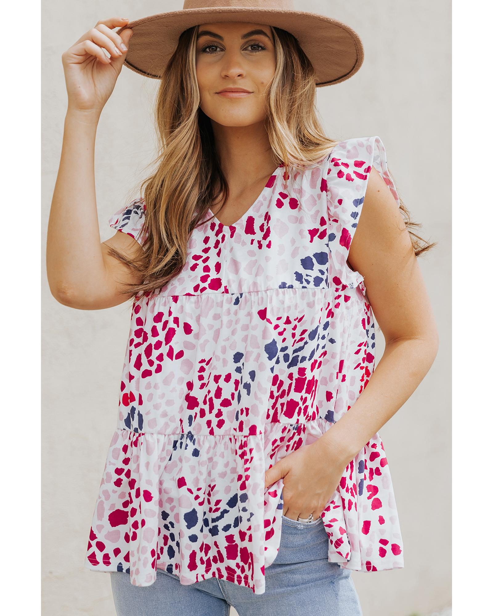 Spotted Print Ruffled V Neck Tank Top - S