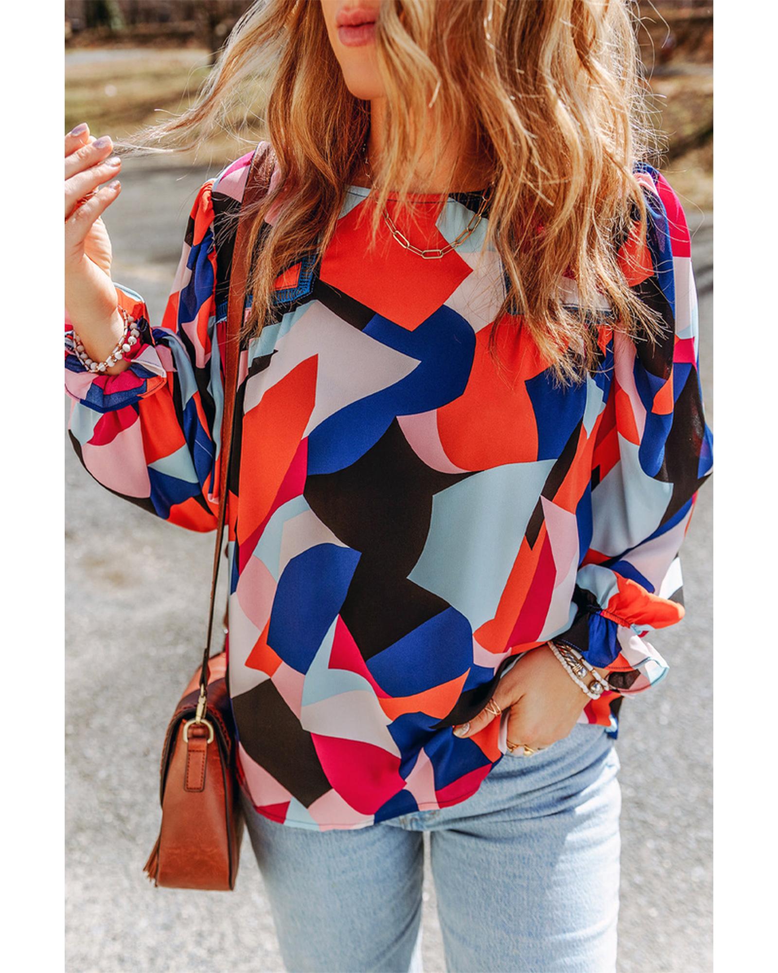 Azura Exchange Ruffled Puff Sleeve Abstract Pattern Blouse - S