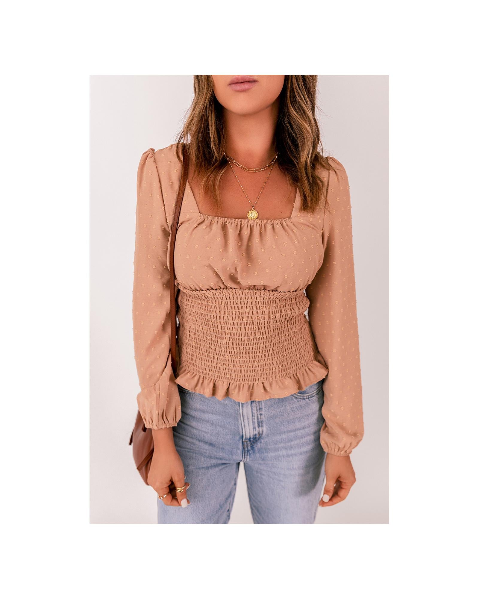 Azura Exchange Swiss Dot Smocked Waist Top - L
