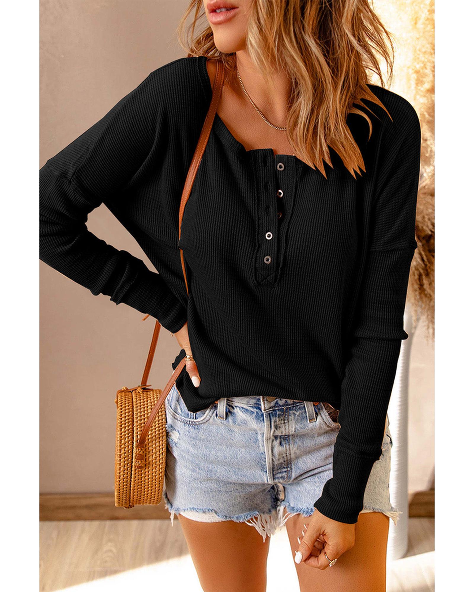 Azura Exchange Waffle Knit Henley Top - M