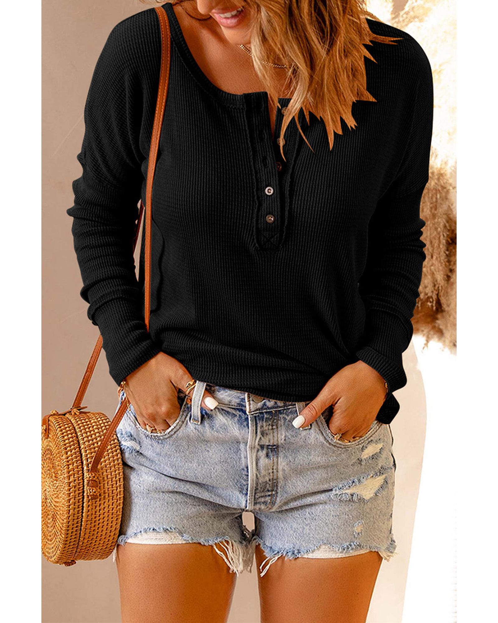 Azura Exchange Waffle Knit Henley Top - M