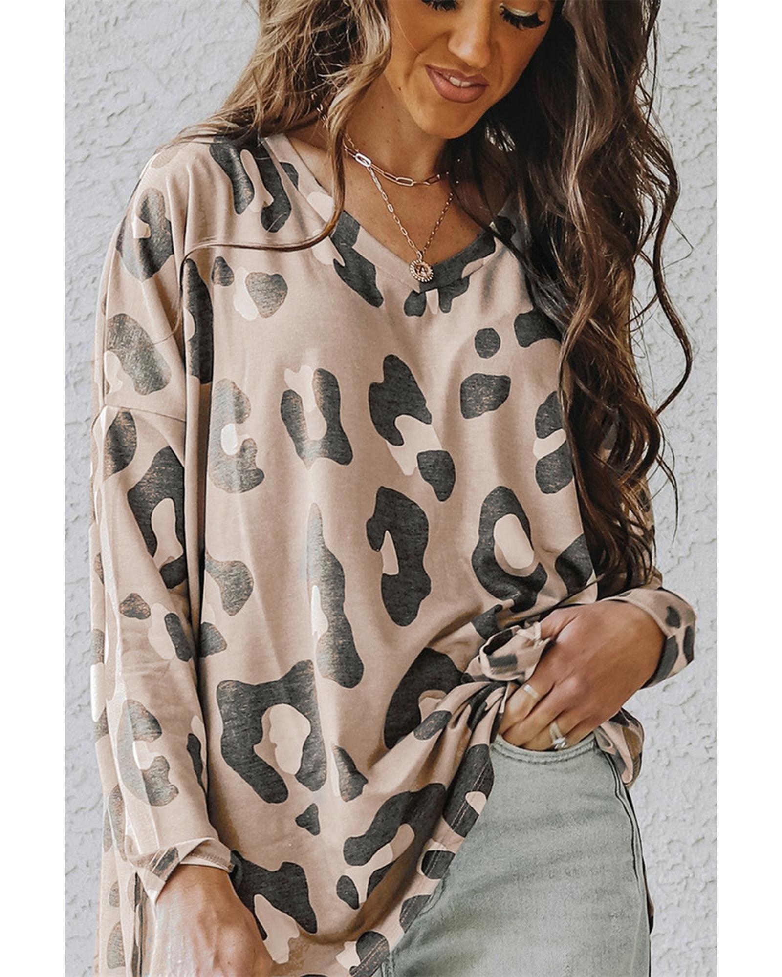 Azura Exchange Leopard Print V Neck Long Sleeve Top - M