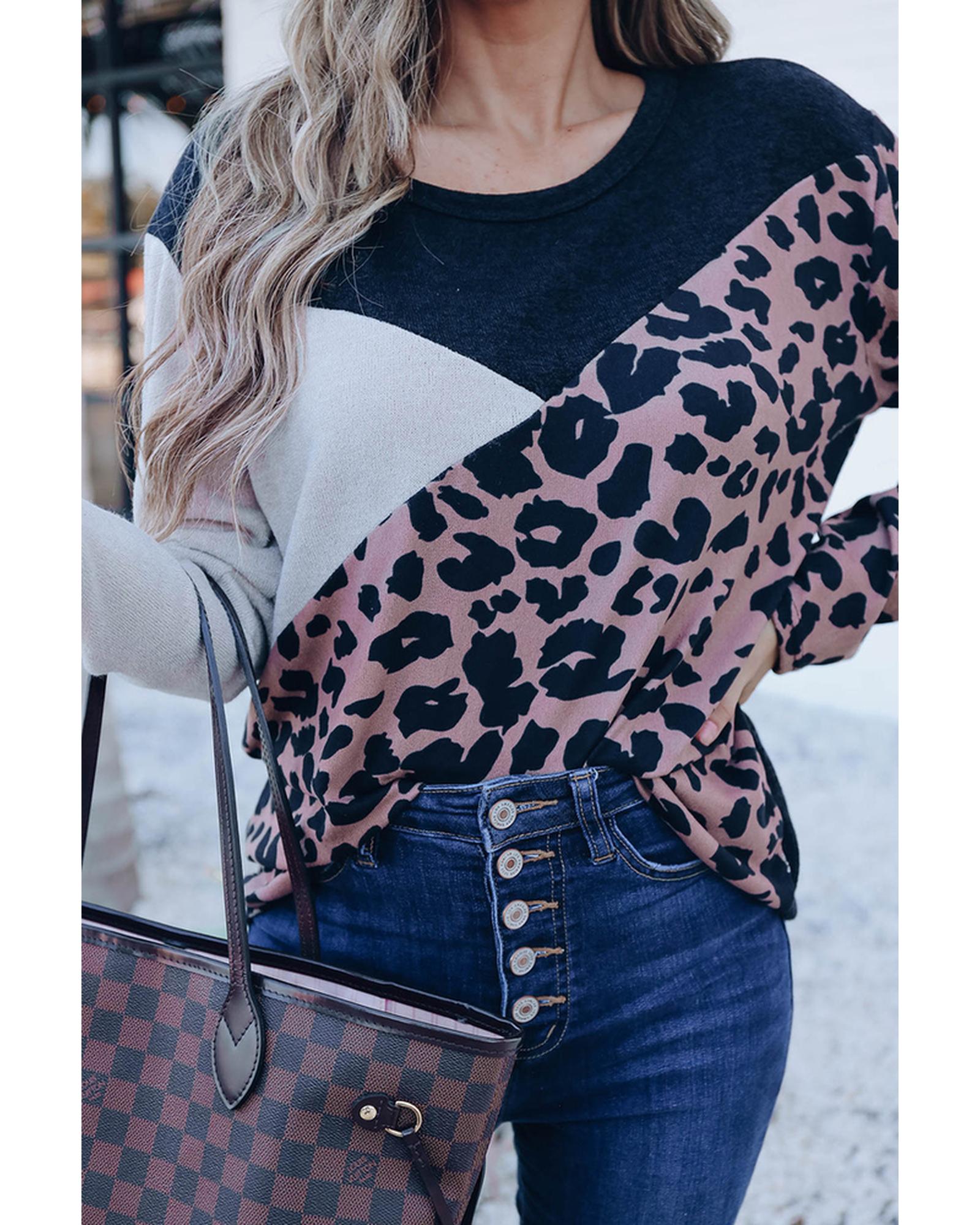 Azura Exchange Leopard Colorblock Long Sleeve Top - XL