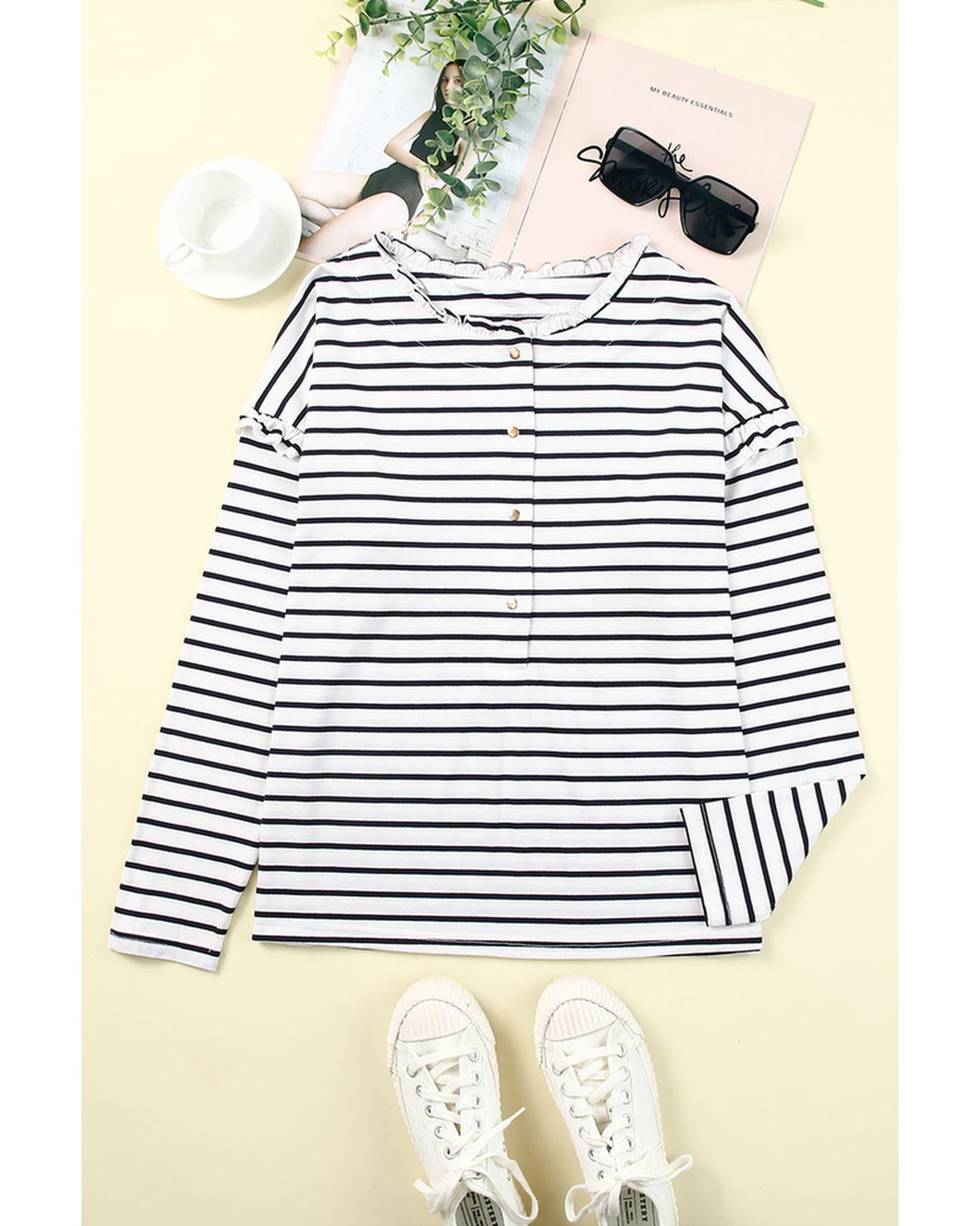 Azura Exchange Striped Print Ruffled Buttoned Top - 2XL