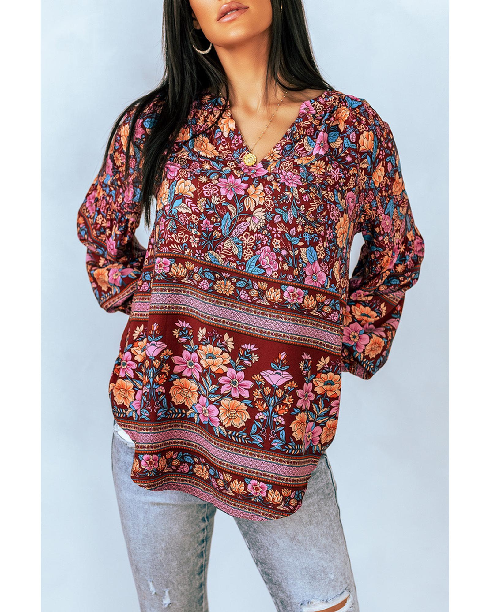 Azura Exchange V Neck Long Sleeve Blouse with Floral Print - L