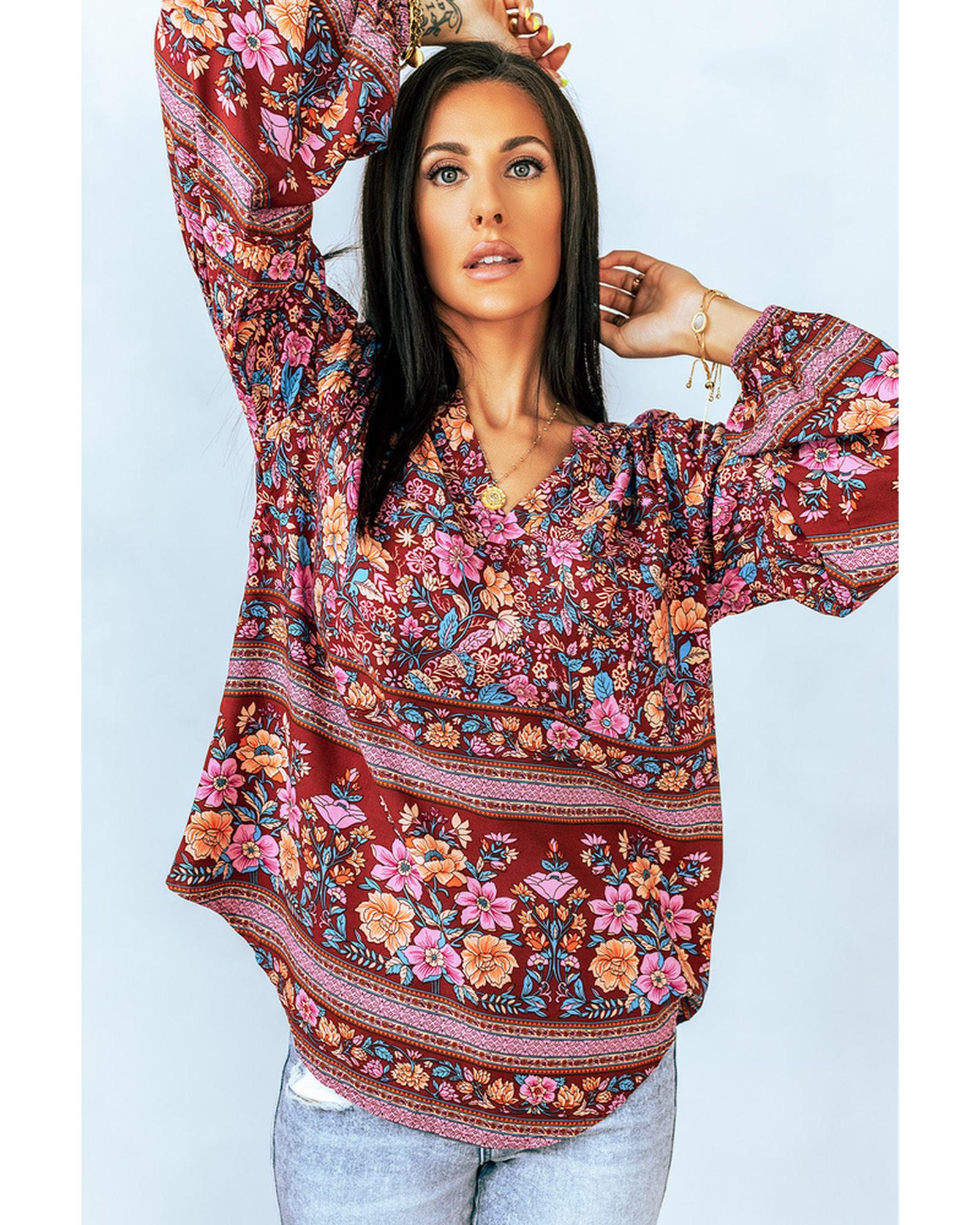 Azura Exchange V Neck Long Sleeve Blouse with Floral Print - L