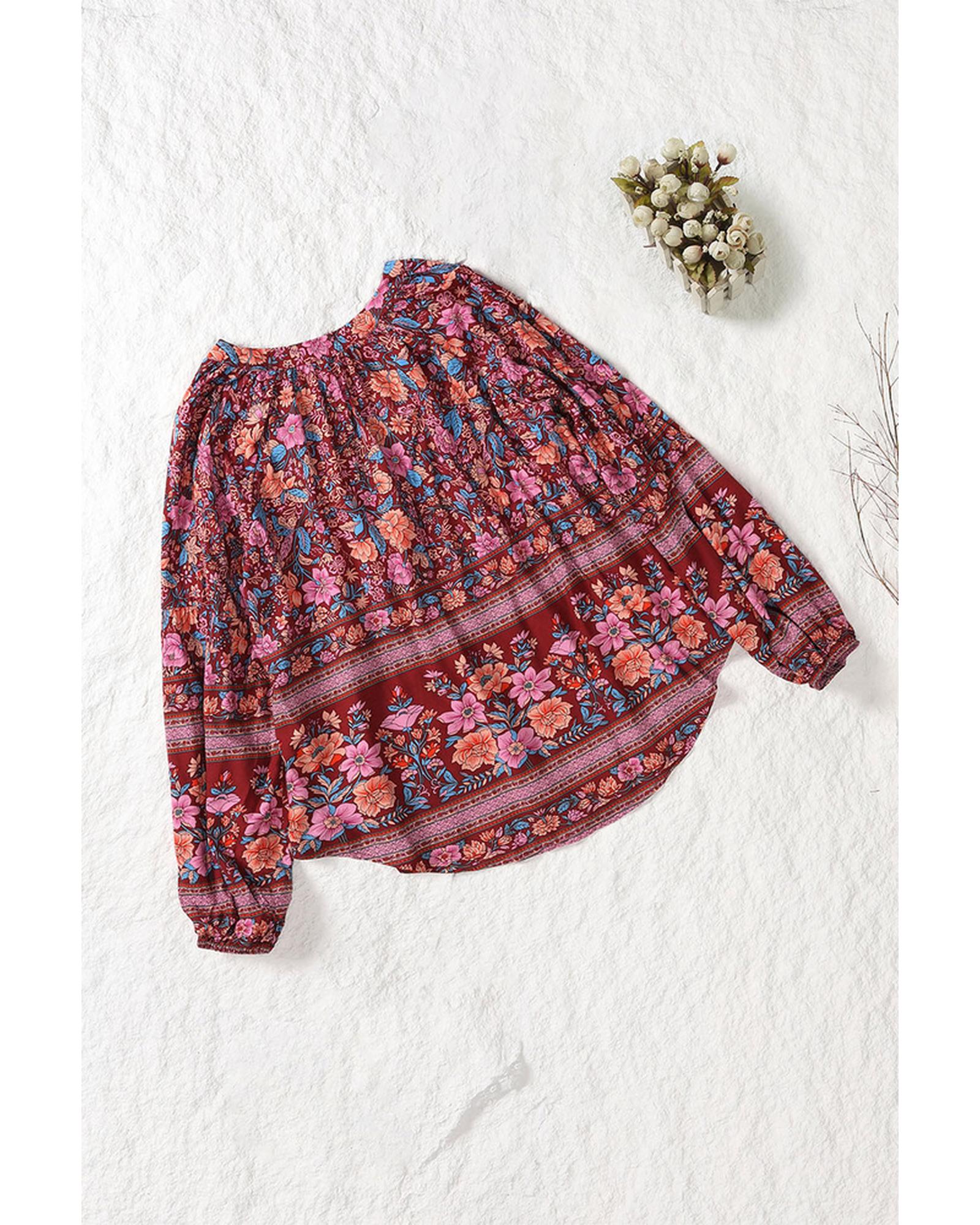 Azura Exchange V Neck Long Sleeve Blouse with Floral Print - L