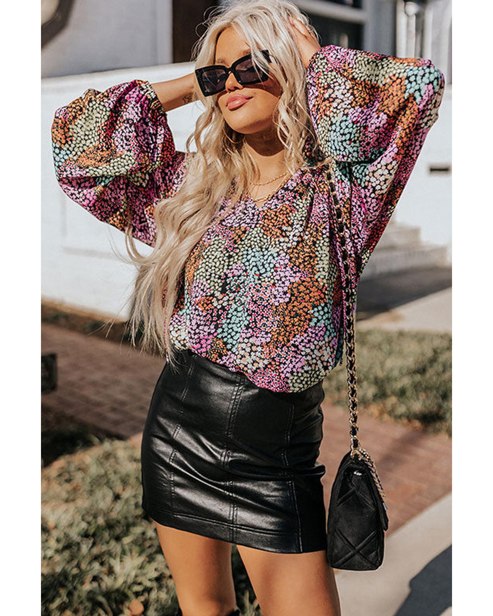 Azura Exchange Vibrant Floral Tie V Neck Puff Sleeve Blouse - 2XL