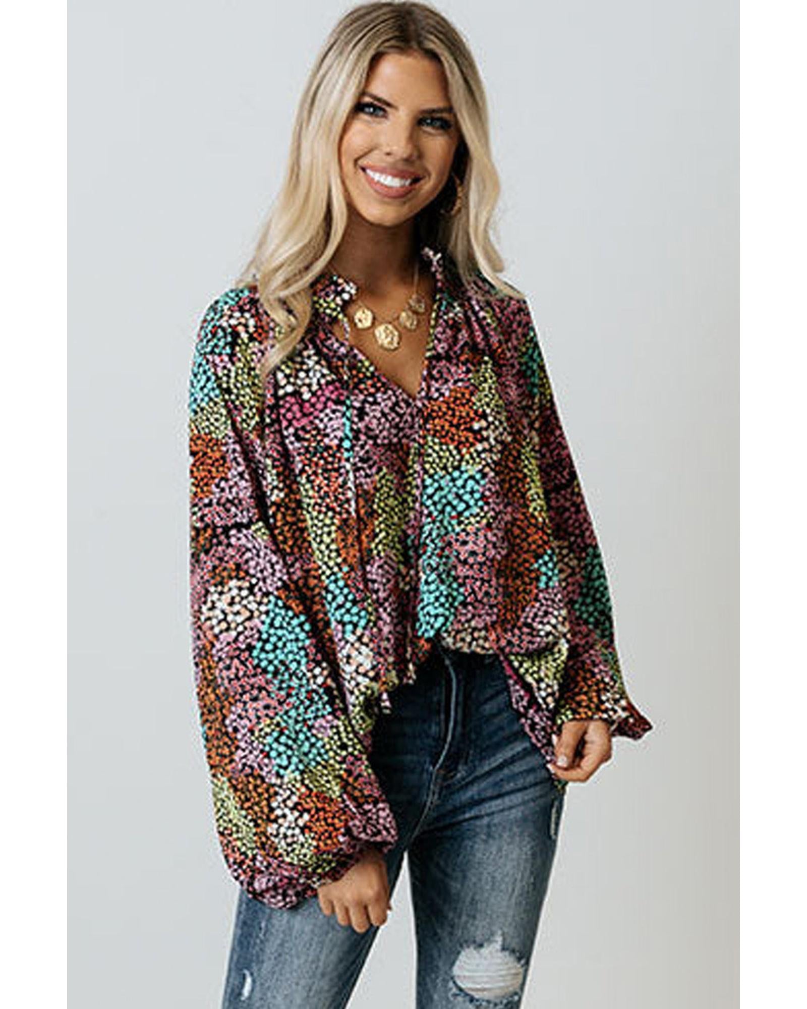 Azura Exchange Vibrant Floral Tie V Neck Puff Sleeve Blouse - 2XL