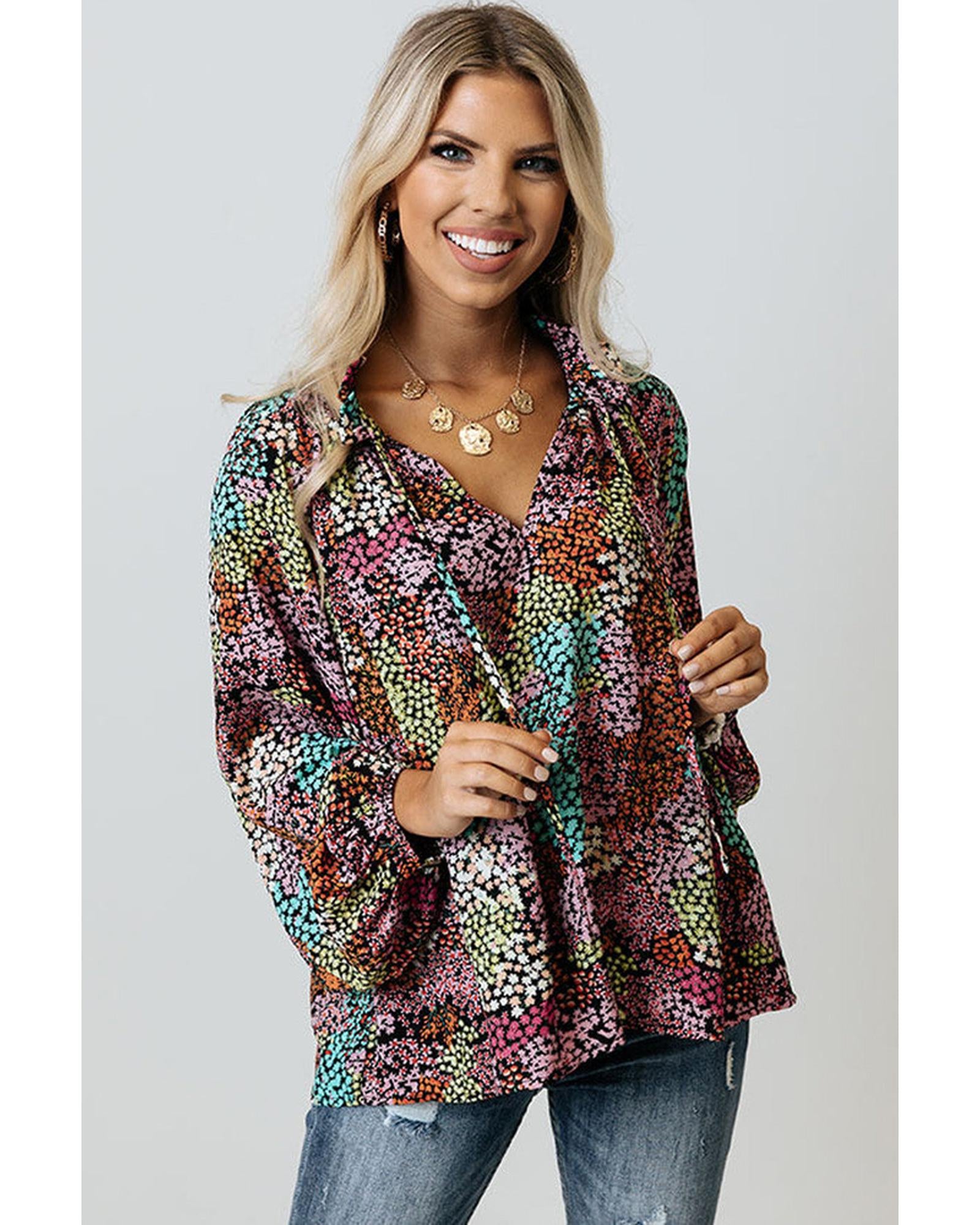Azura Exchange Vibrant Floral Tie V Neck Puff Sleeve Blouse - 2XL