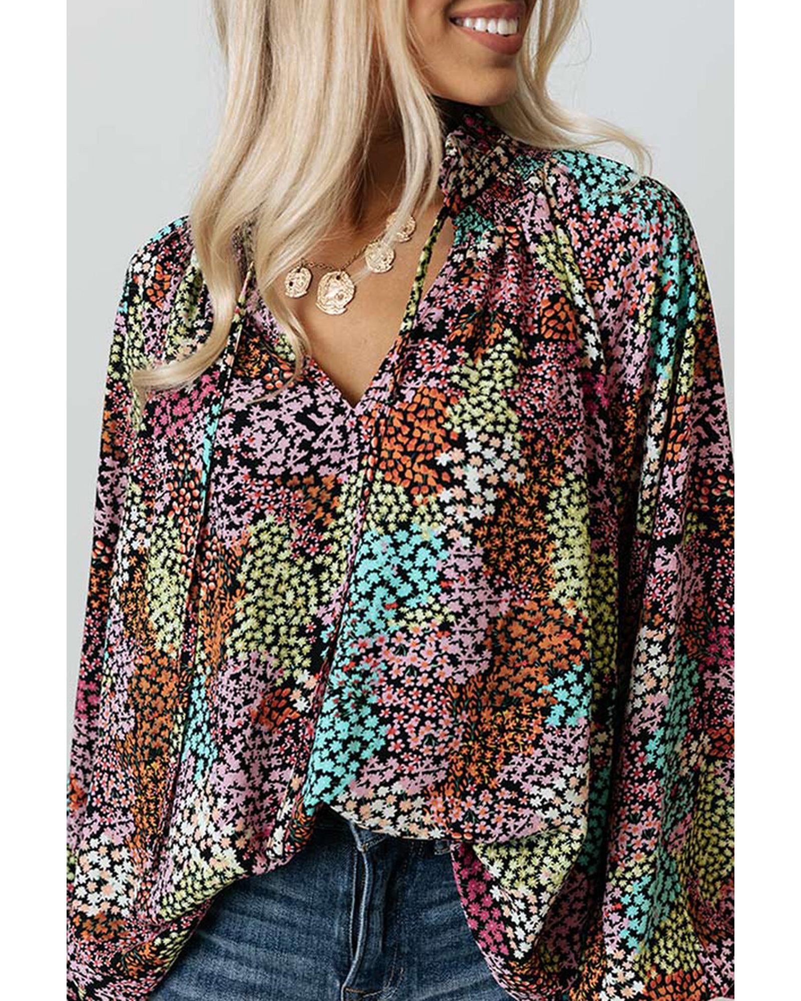 Azura Exchange Vibrant Floral Tie V Neck Puff Sleeve Blouse - 2XL