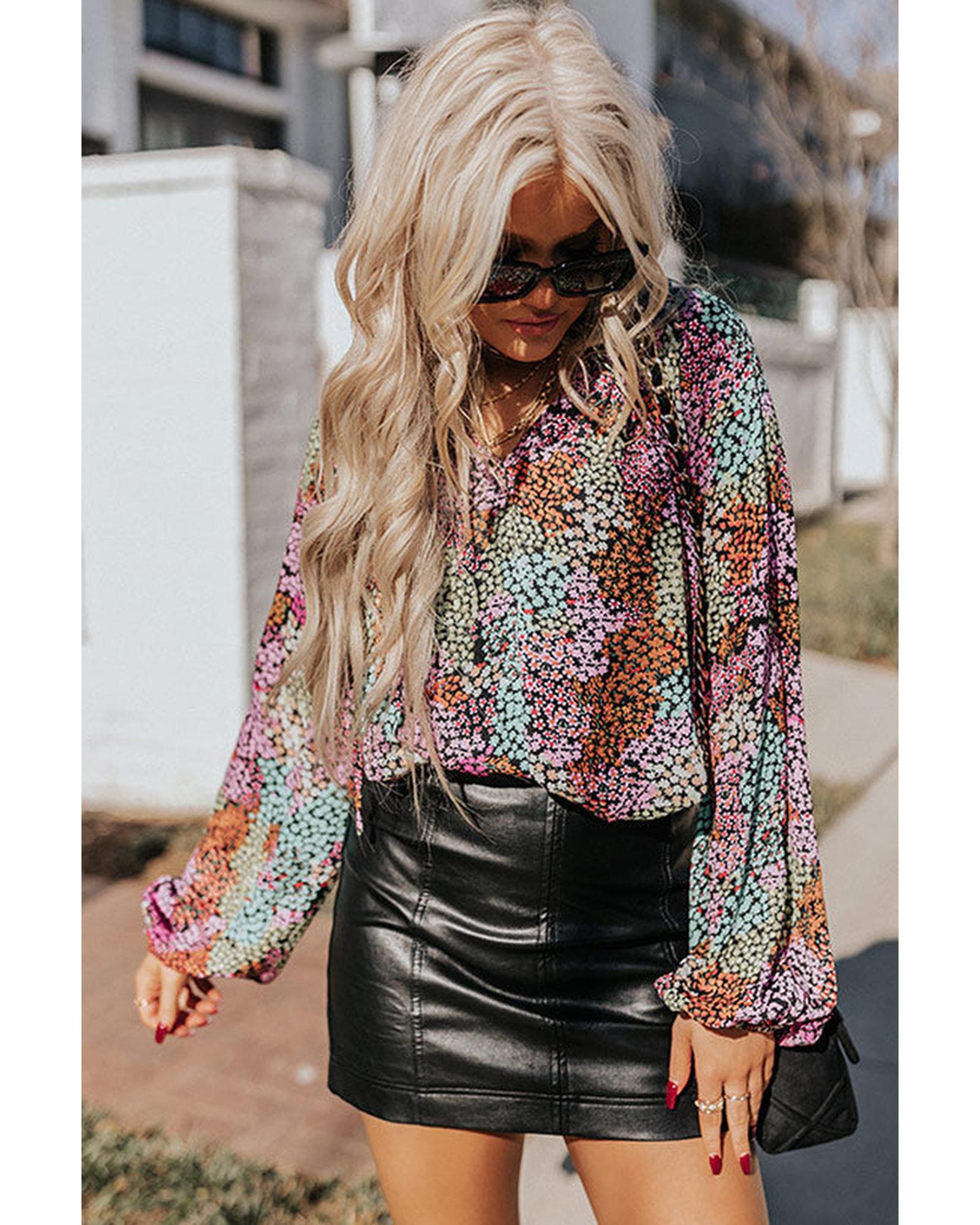Azura Exchange Vibrant Floral Tie V Neck Puff Sleeve Blouse - 2XL
