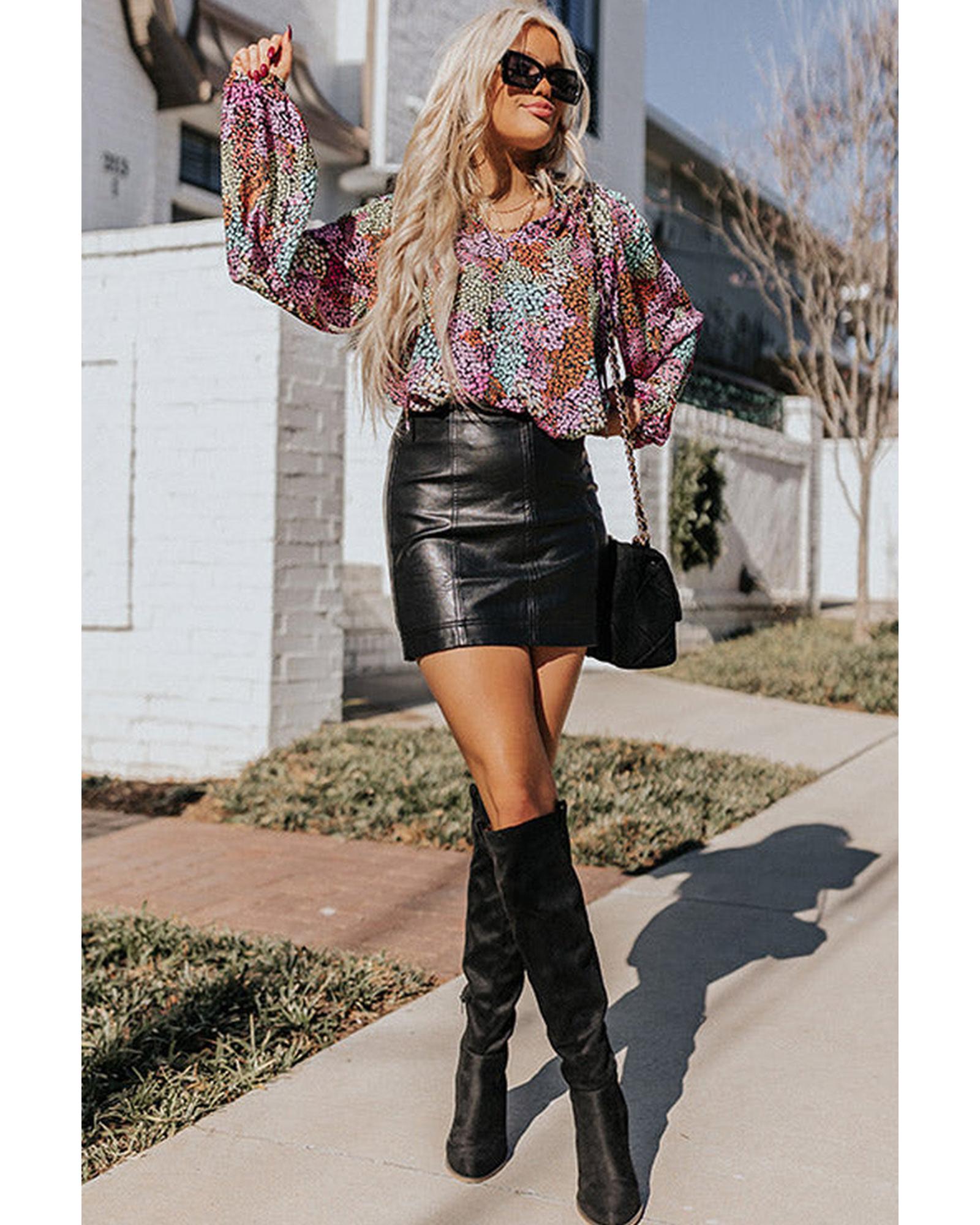 Azura Exchange Vibrant Floral Tie V Neck Puff Sleeve Blouse - 2XL