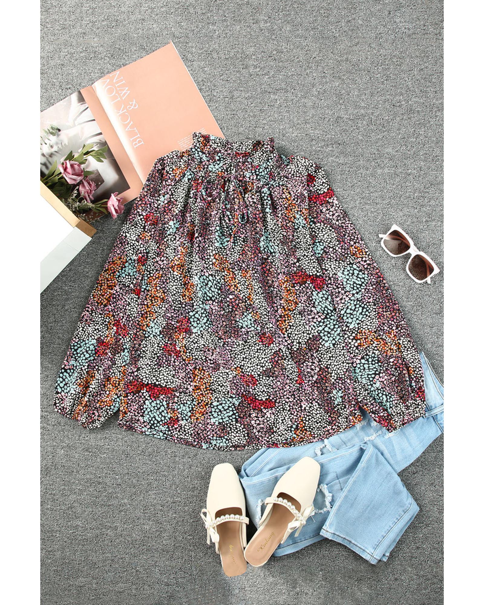 Azura Exchange Vibrant Floral Tie V Neck Puff Sleeve Blouse - 2XL