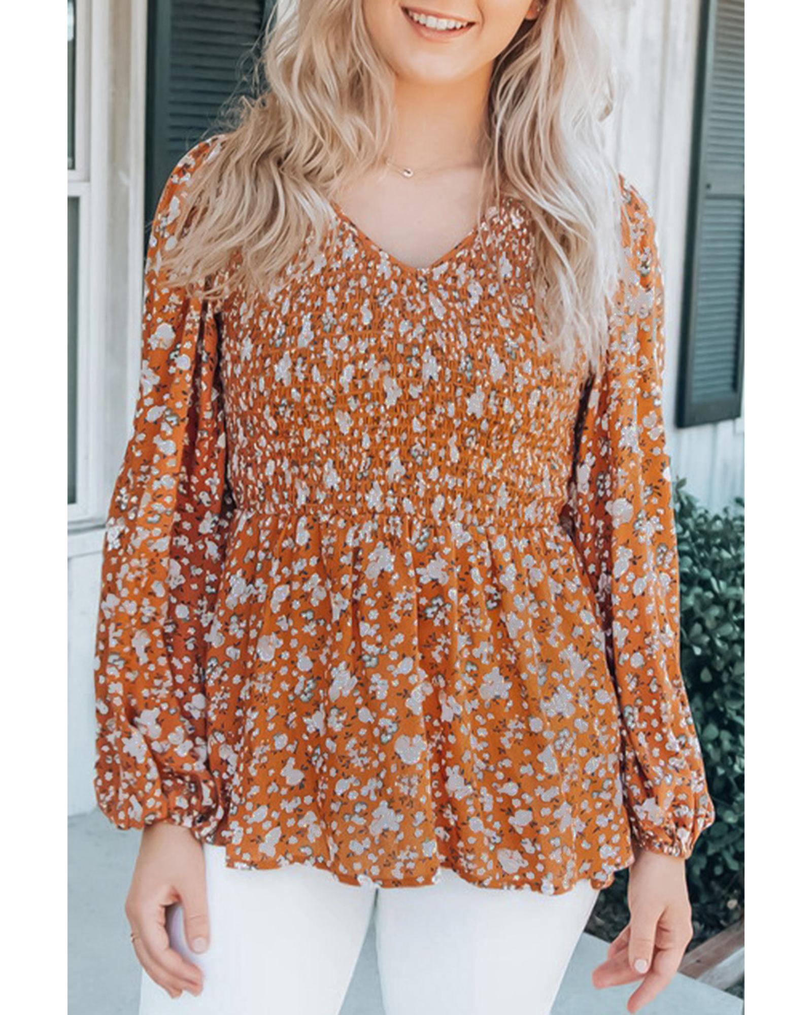 Azura Exchange Floral Print Shirred V Neck Blouse - 2XL