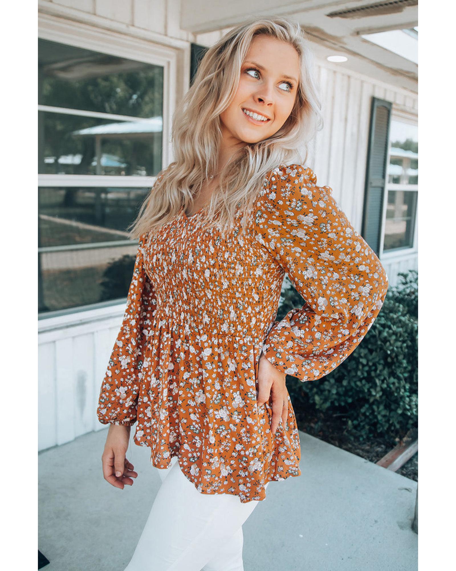 Azura Exchange Floral Print Shirred V Neck Blouse - M